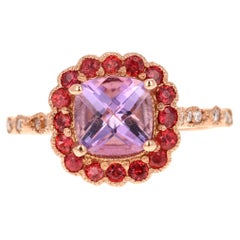 1.86 Carat Cushion Cut Amethyst Diamond Sapphire Rose Gold Ring