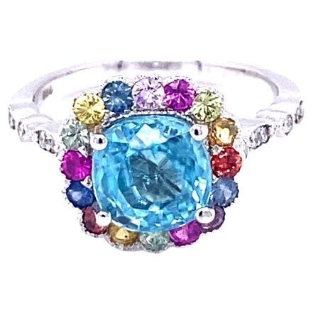 3,89 Karat Blauer Zirkon Multi Farbe Saphir Diamant Weißgold Ring im Angebot
