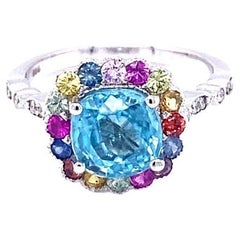 3.89 Carat Blue Zircon Multi Color Sapphire Diamond White Gold Ring