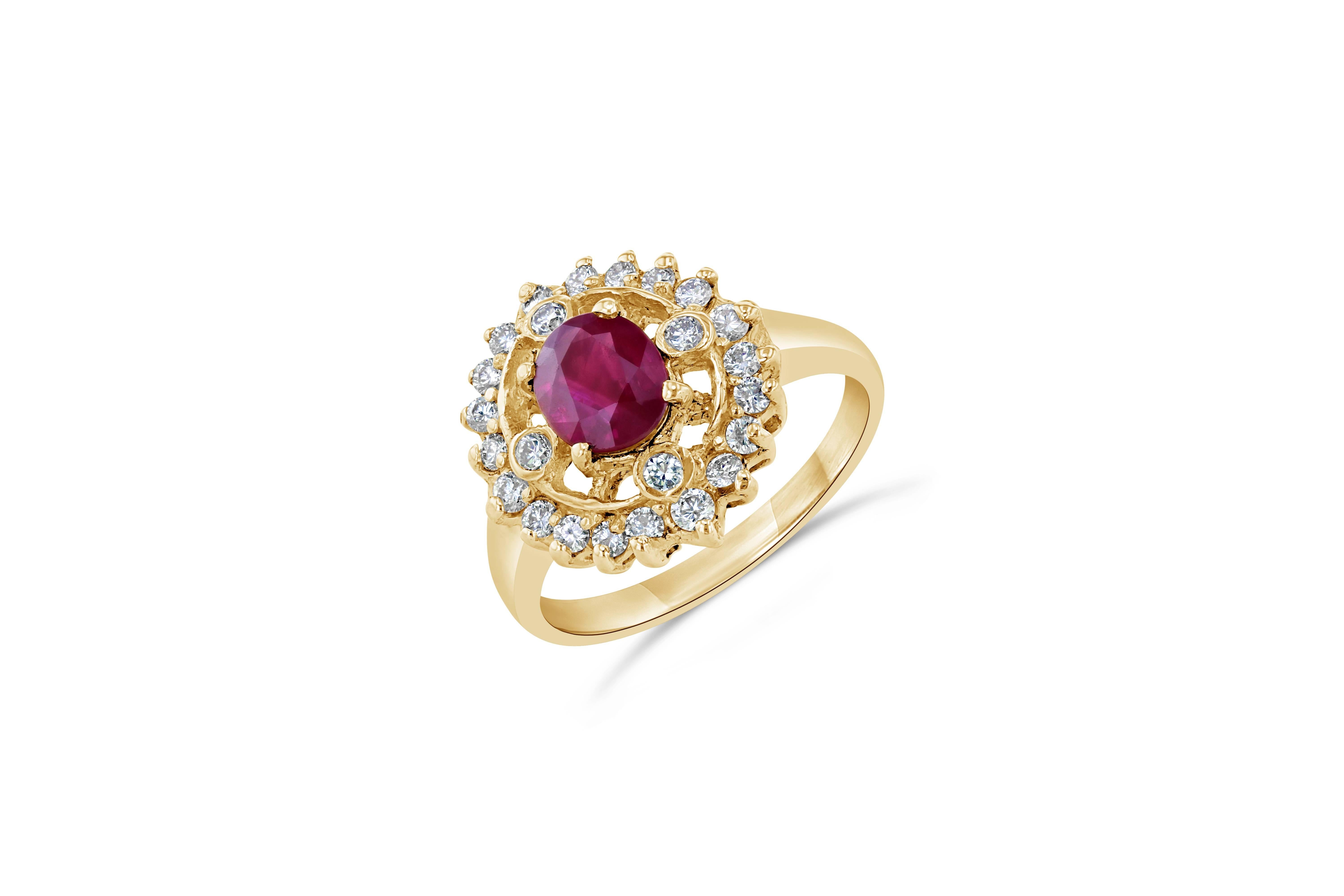 This stunning Ruby and Diamond Ring is art-deco inspired with a unique vintage design that reflects the beauty of jewelry from the past. The Ruby has its descents from Mozambique, Africa and weighs 1.17 Carats. There are 24 Round Cut Diamonds with a