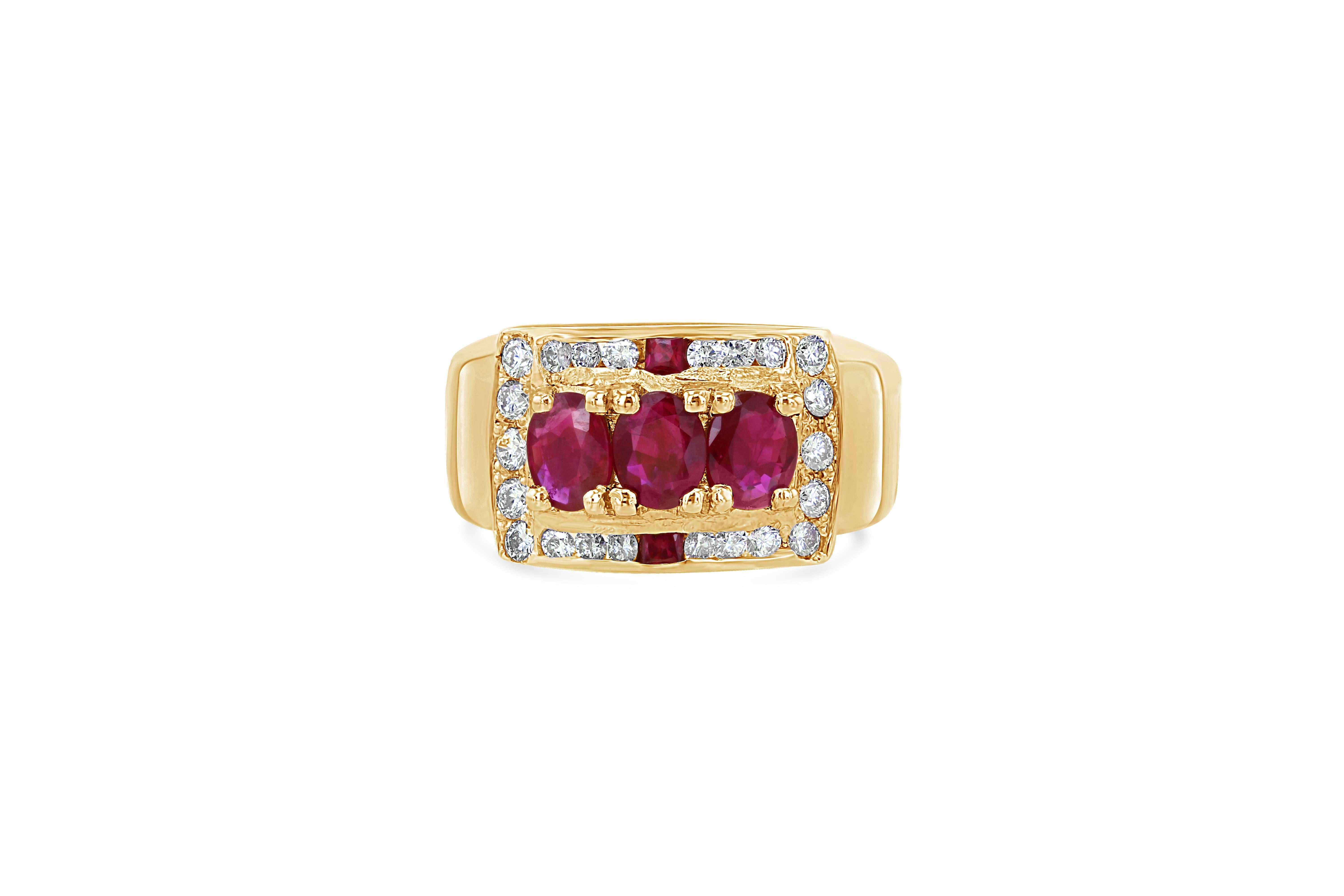 This unique unisex Ruby and Diamond Ring can be worn by both a male or female! It has 5 Rubies weighing 1.20 Carats and 22 Round Cut Diamonds weighing 0.44 Carats. The Rubies have their origin from Burma (Myanmar). It is set in 14K Yellow Gold and