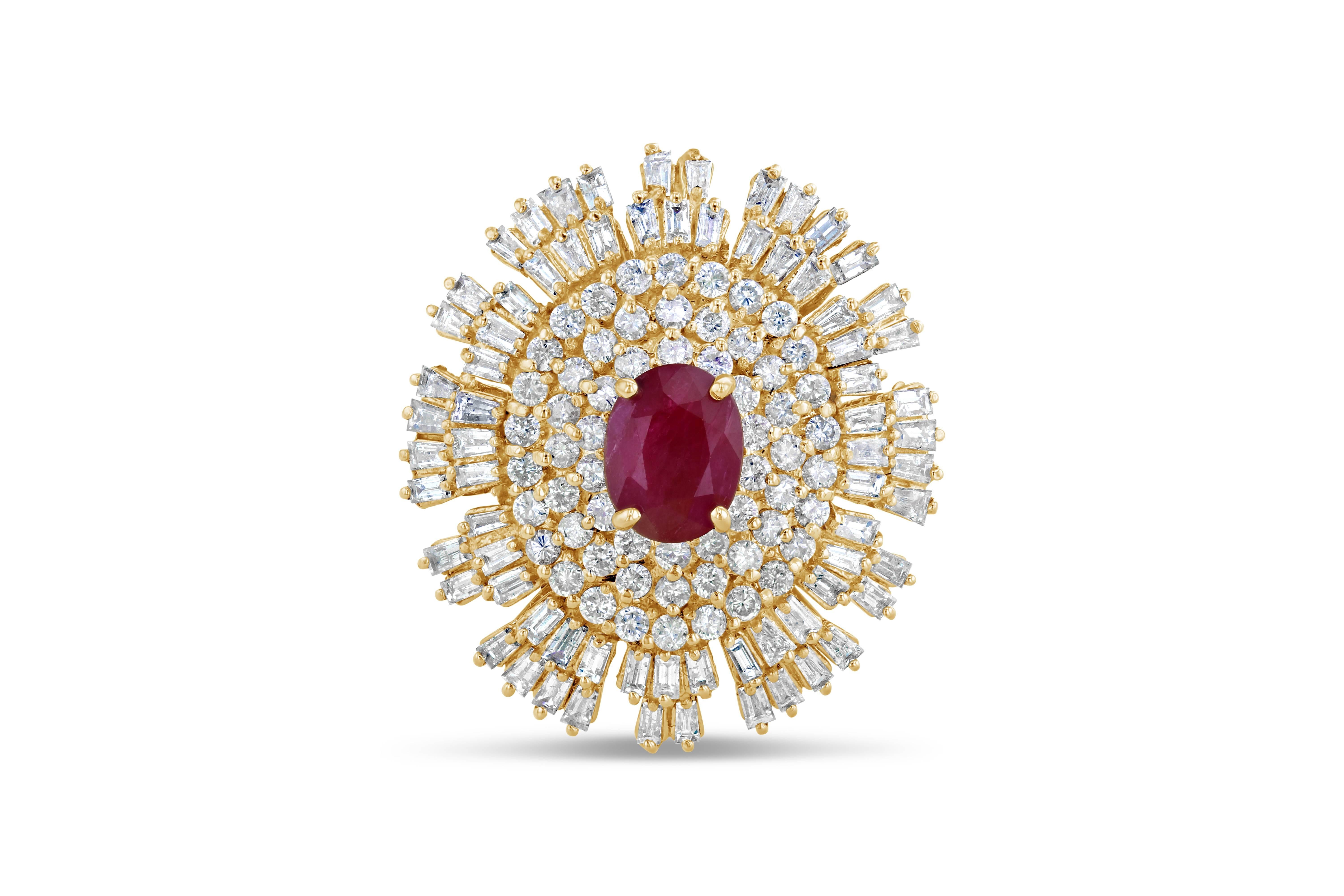 This gorgeous Ruby Diamond Ballerina Ring has round and baguette cut diamonds floating around the center Ruby just like a charming ballerina would! The Ruby is 2.31 Carats surrounded by 60 Round Cut Diamonds that weigh 1.63 Carats, and 72 Baguette