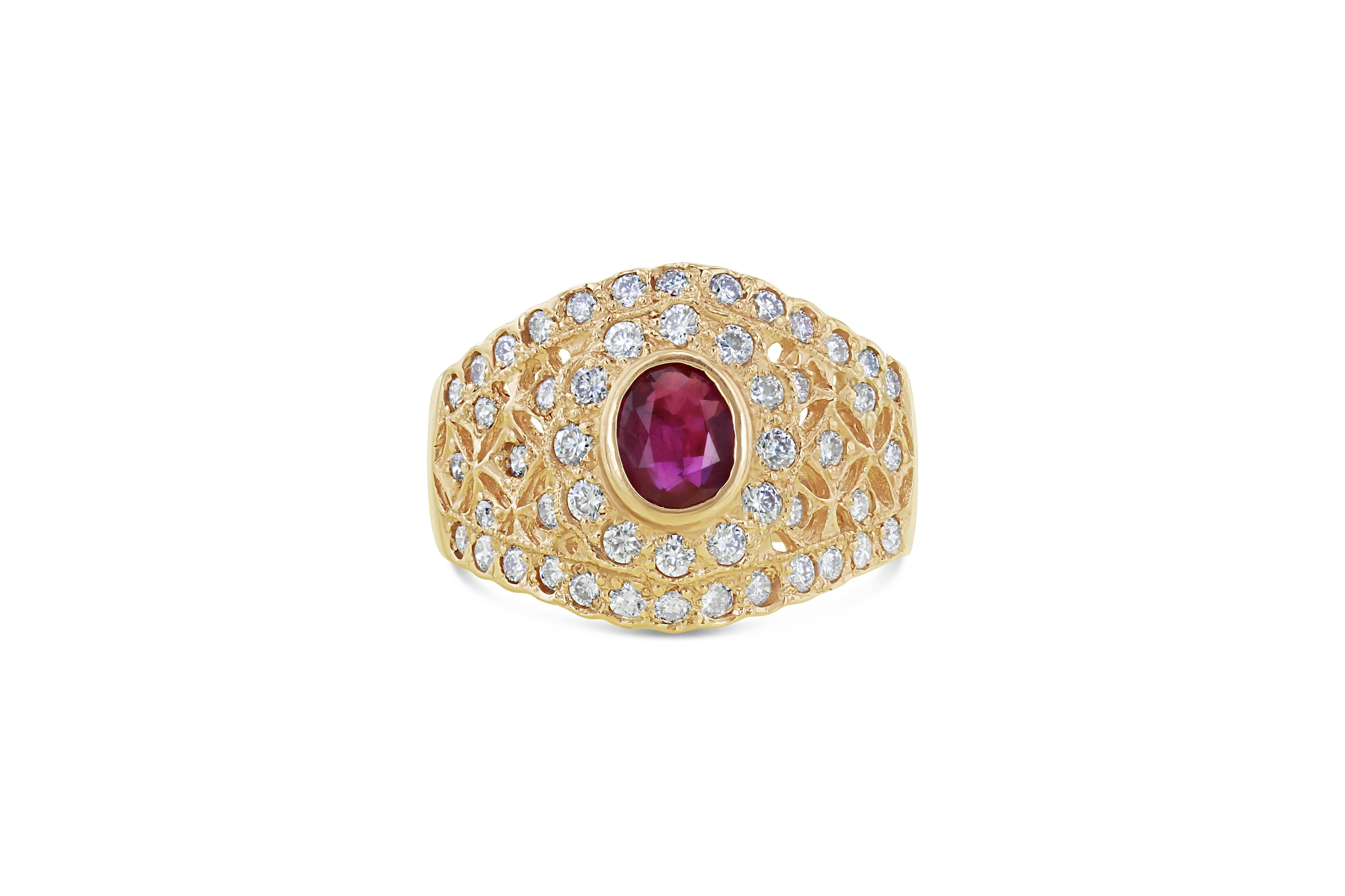 This Art-Deco Inspired Ring is truly a unique vintage beauty! The Ruby is 0.79 Carats and is surrounded by 50 Round Cut Diamonds that weigh 0.81 Carats. The diamonds have a clarity of VS and color of H. The gold gram is 6.1 grams and is set in 14K