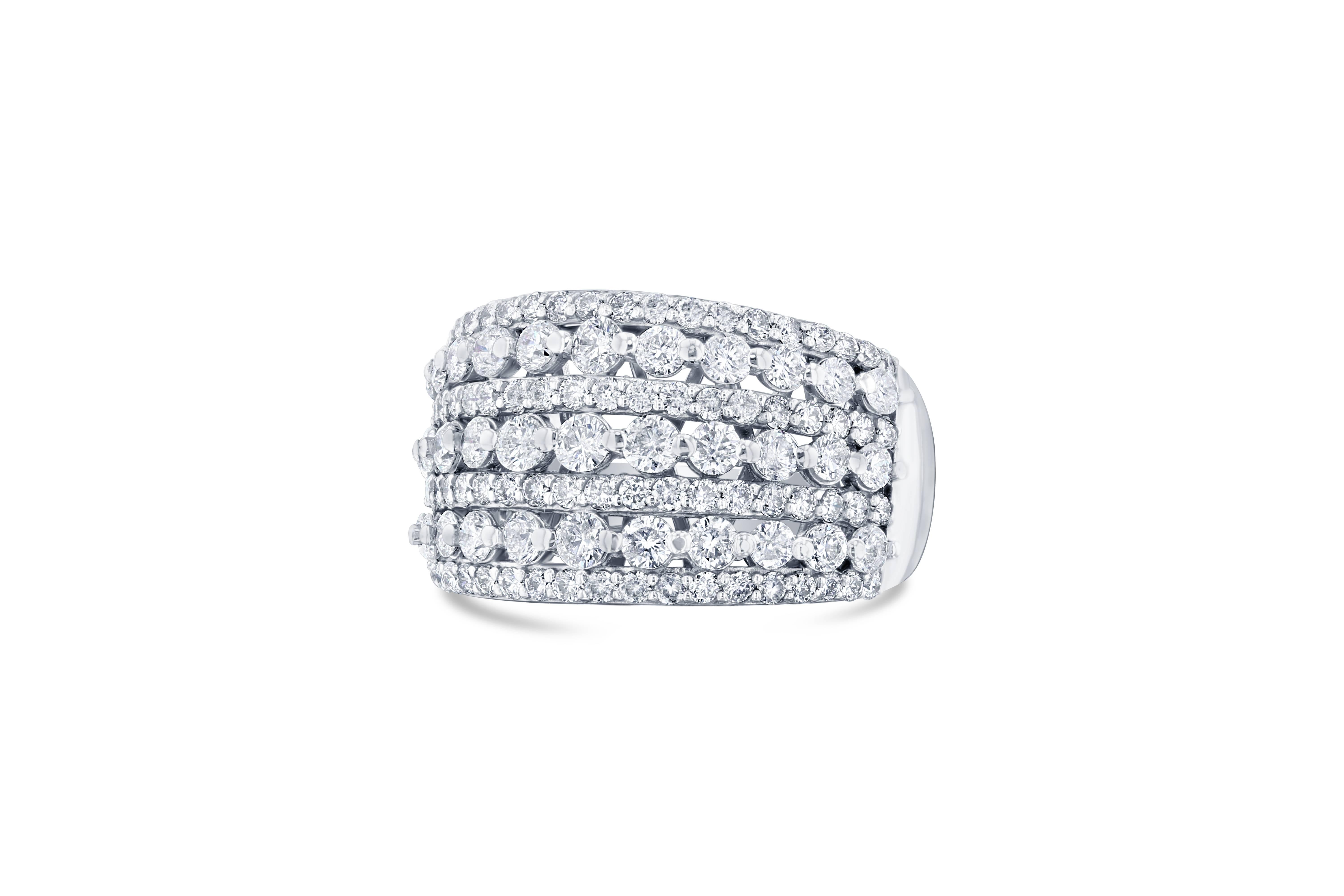 Elegance at its best; this ring is amazingly beautiful.  There are 113 Round Cut Diamonds that weigh 2.06 carats.  The Clarity and Color is: SI1 and F.  This ring is casted in 14K White Gold and weighs approximately 6.2 grams.  The ring is a size