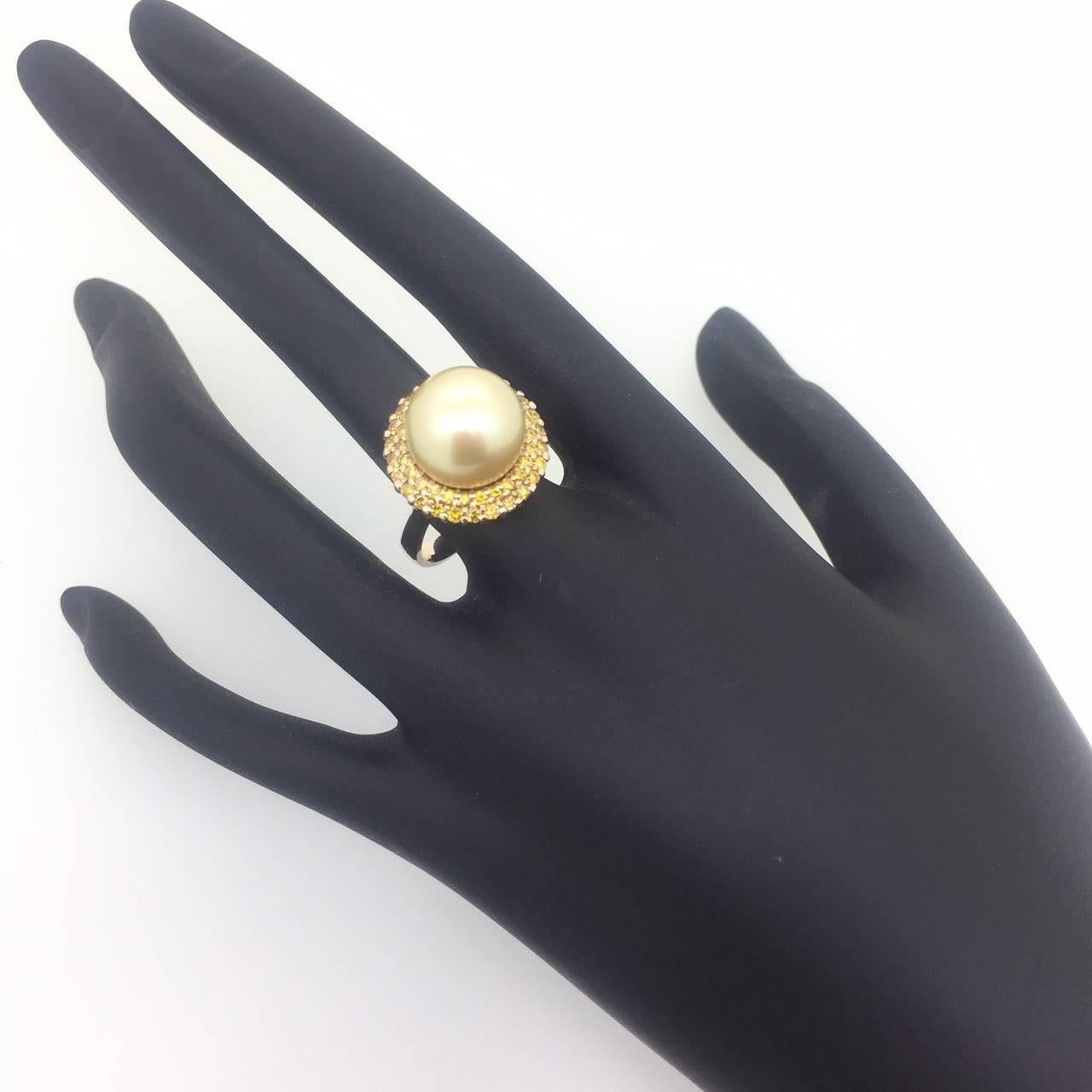 Modern 0.82 Carat Golden South Sea Pearl Yellow Diamond Cocktail Ring