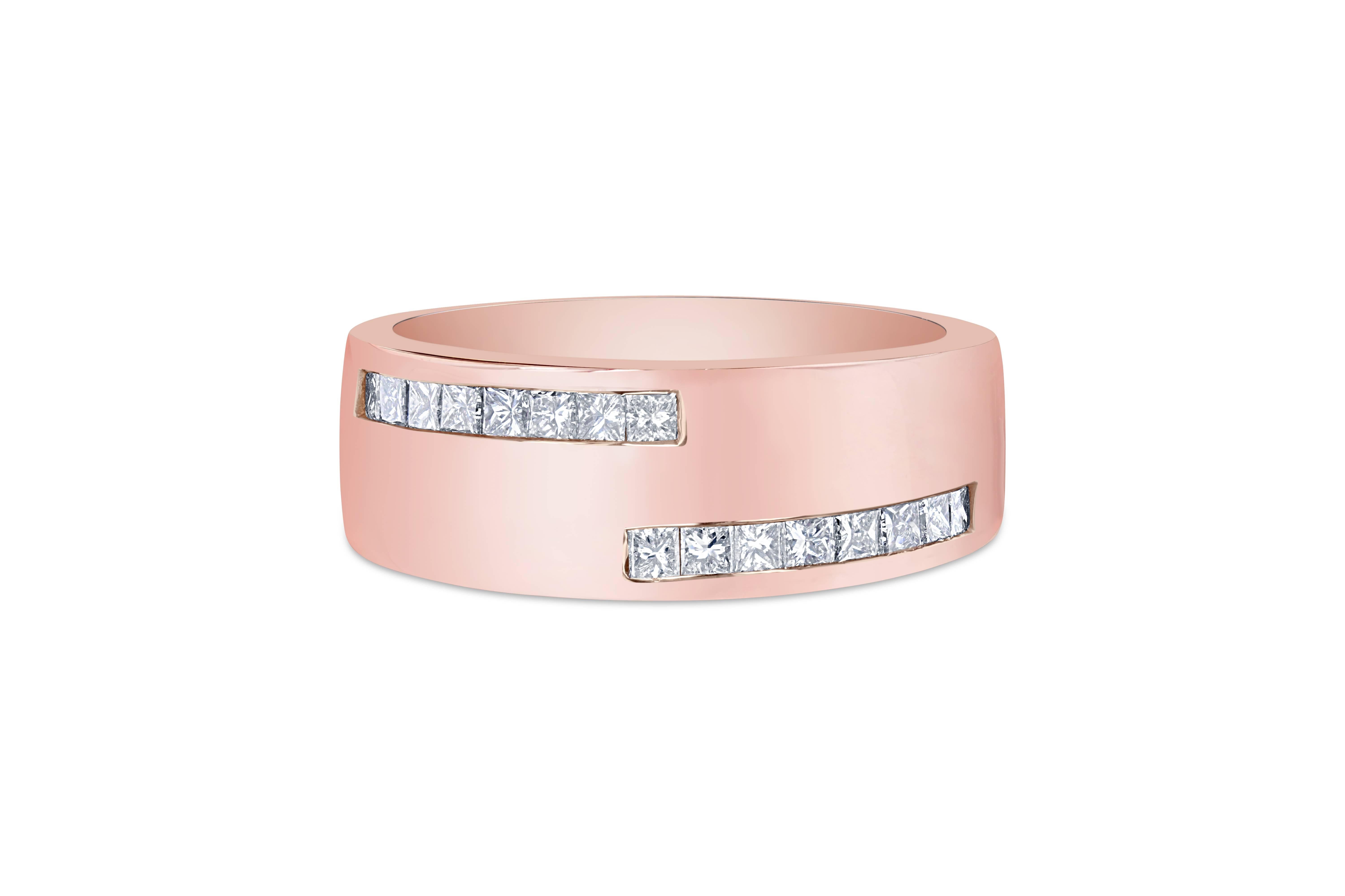 We also carry a Men's Collection!  
0.72 Carat Men's Diamond Rose Gold Wedding Band

This simple yet very unique Men's Band has 16 Princess Cut Diamonds that weigh 0.72 Carats. It is beautifully crafted in 14K Rose Gold and is 14.2 grams. The metal