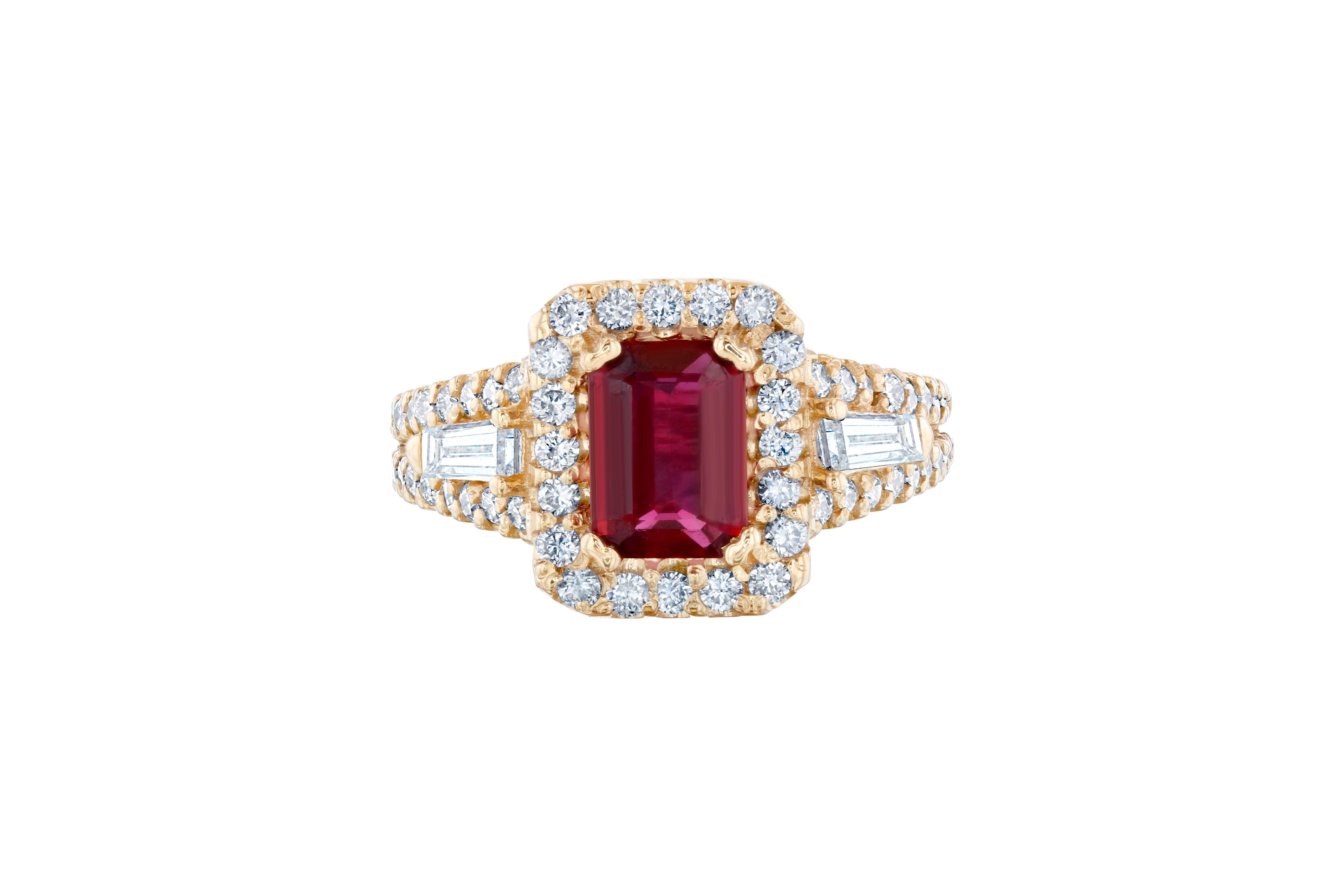 This is a unique GIA Certified Octagonal Cut Ruby and Diamond ring.  The Ruby is NATURAL, UNHEATED and is 1.49 carats. The Ruby is surrounded by 56 Round and Baguette Cut Diamonds that weigh a total of 0.85 carat (Clarity: VS2 and Color: F).  The