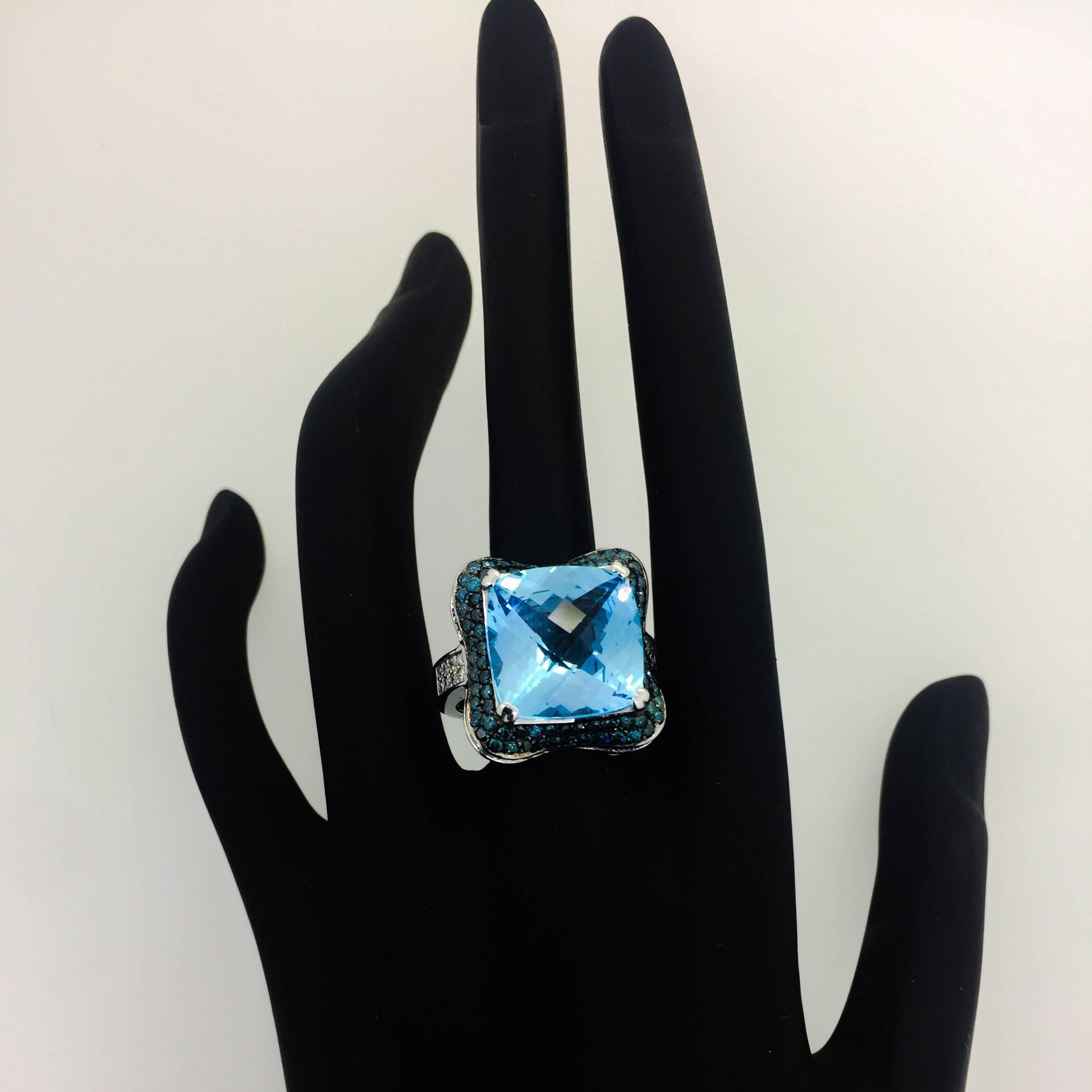 Modern 13.82 Carat Blue Topaz Diamond Cocktail White Gold Ring