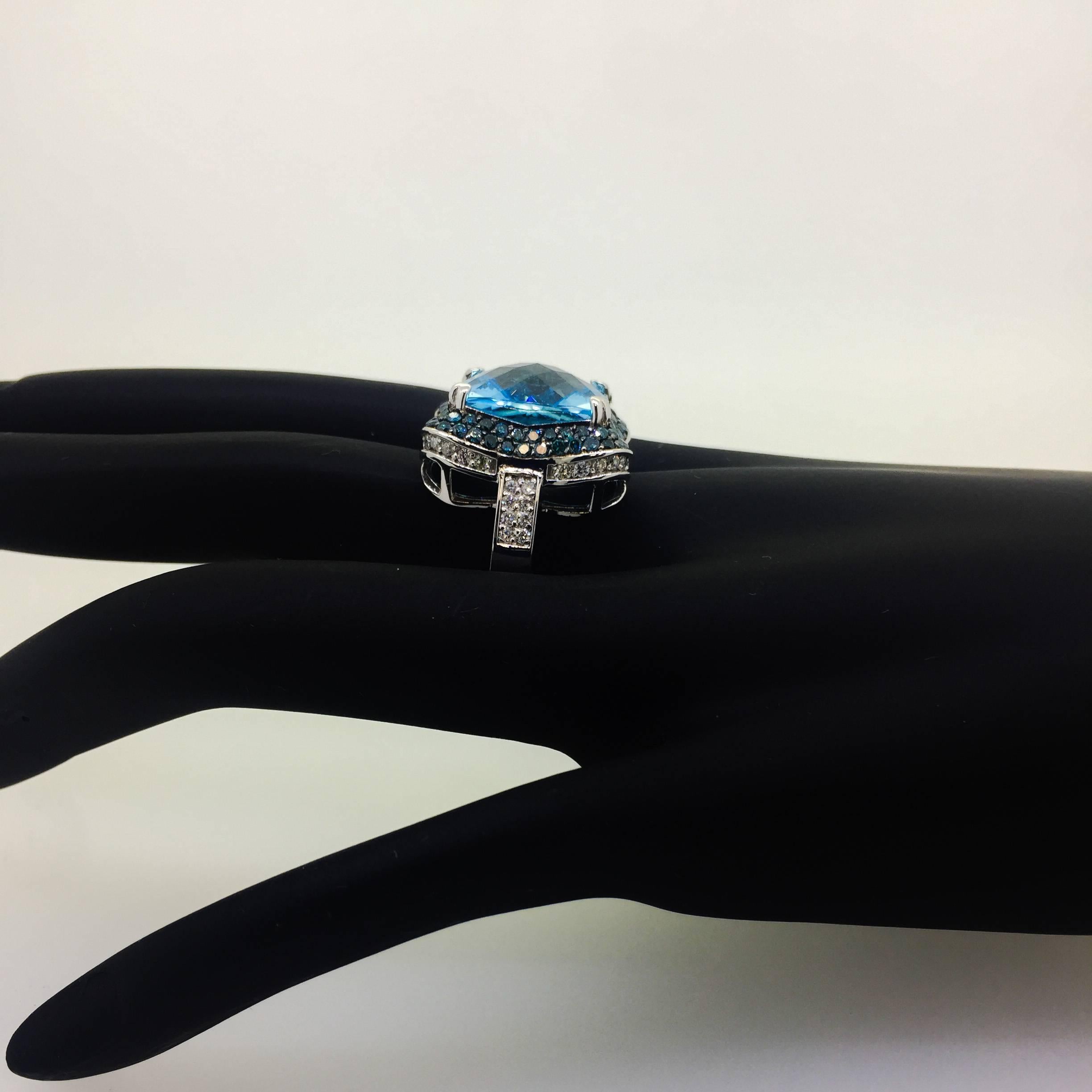 13.82 Carat Blue Topaz Diamond Cocktail White Gold Ring In New Condition In Los Angeles, CA