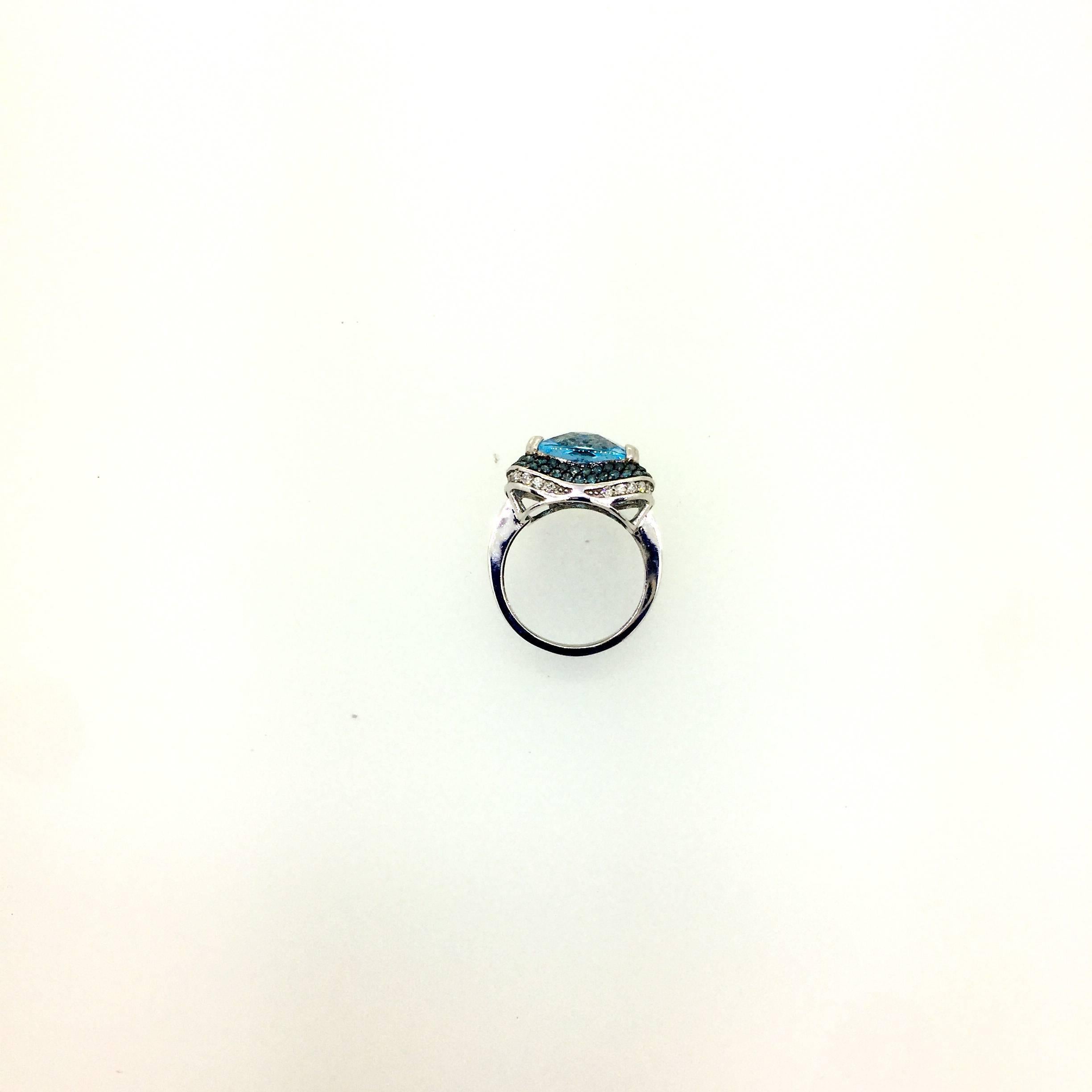 Women's or Men's 13.82 Carat Blue Topaz Diamond Cocktail White Gold Ring