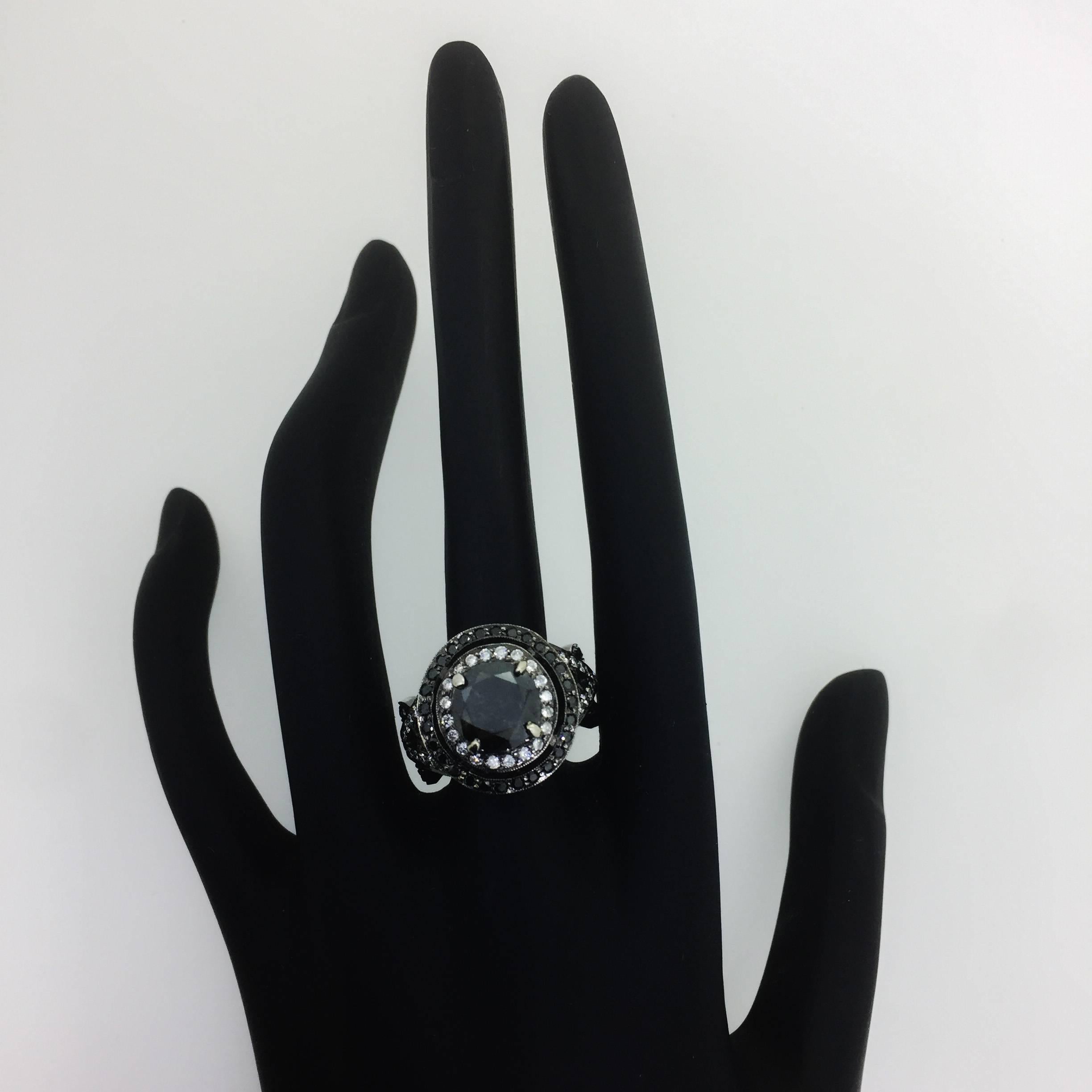 Art Deco 4.51 Carat Round Cut Black Diamond White Gold Bridal Ring