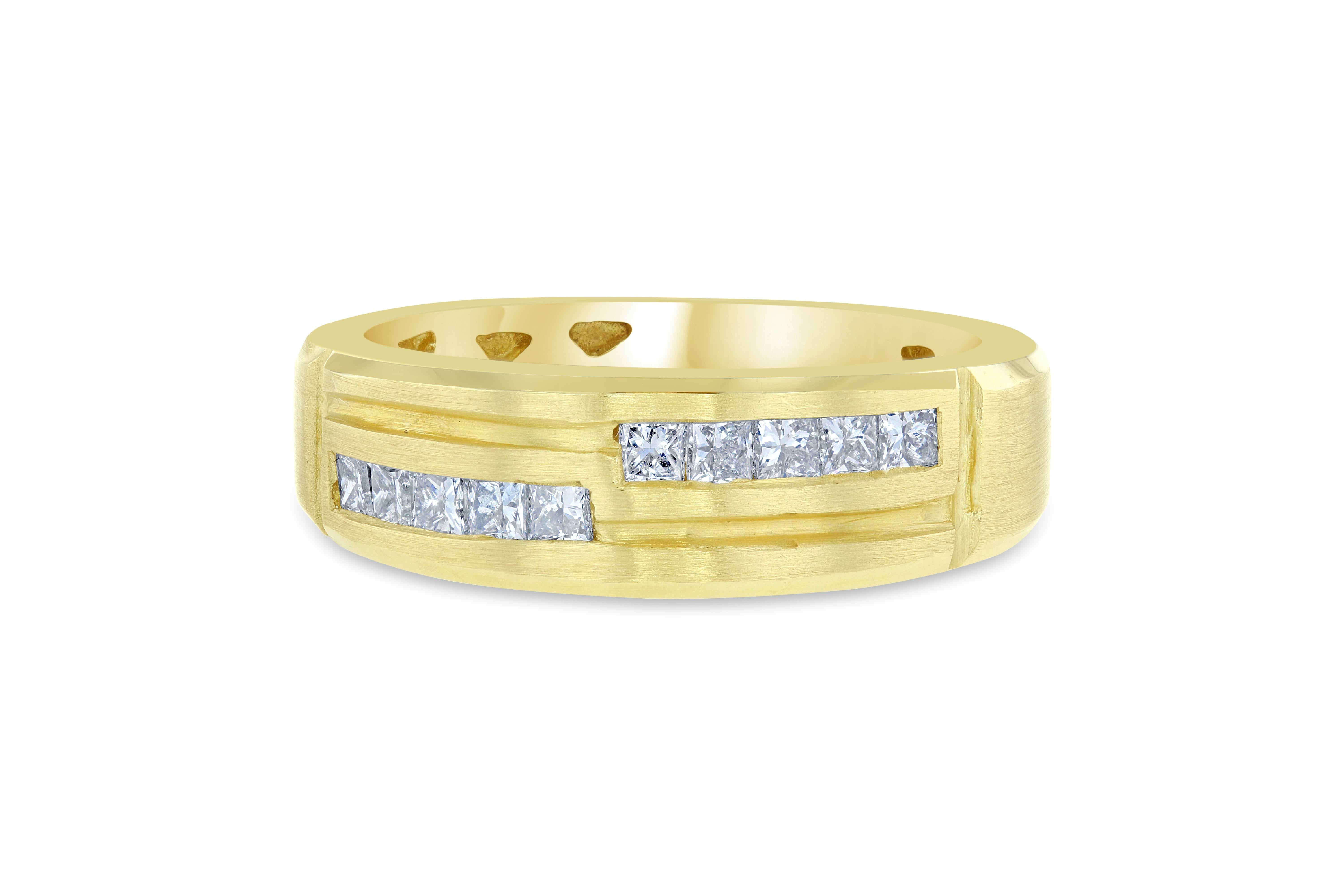 We also carry a Men's Collection! 
This simple yet very unique Men's Band has 16 Princess Cut Diamonds that weigh 0.68 Carats (Clarity: VS, Color: F). It is beautifully crafted in 14K Yellow Gold and is 11.7 grams. The metal is brushed and has a