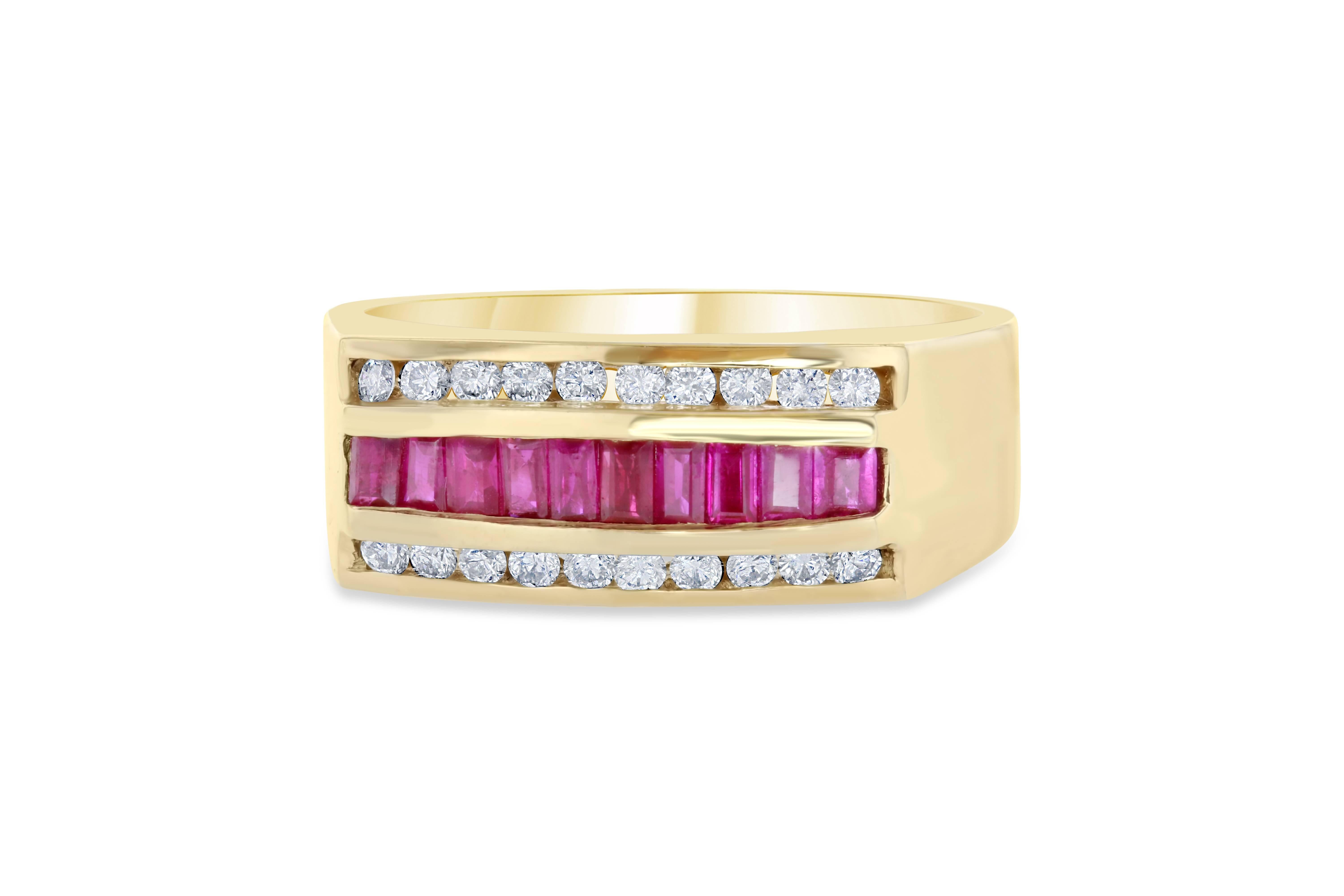 We also carry a Mens' Collection! 
This unique Mens' Ring is set with 10 Baguette Cut Rubies weighing 0.78 carat and is surrounded by 20 Round Cut Diamonds that weigh 0.37 carat. The Total Carat Weight of this ring is 1.15 Carats. It is crafted in