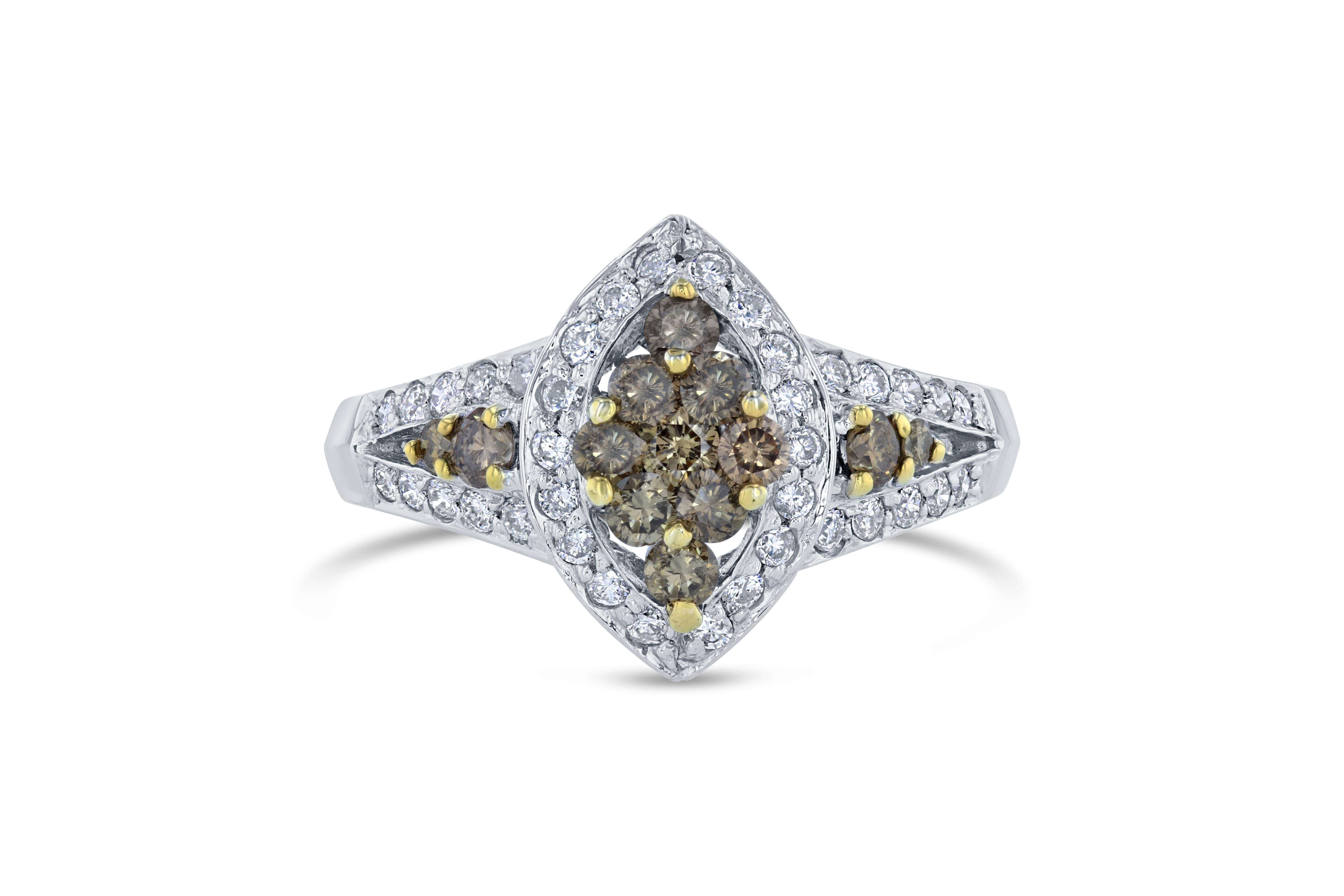 This is a unique looking fancy diamond cluster ring.

There are 13 natural and fancy colored brown round cut diamonds that weigh 0.65 carat and there are 38 white round cut diamonds that weigh 0.40 carat. 

The Cluster setting is crafted in 14K