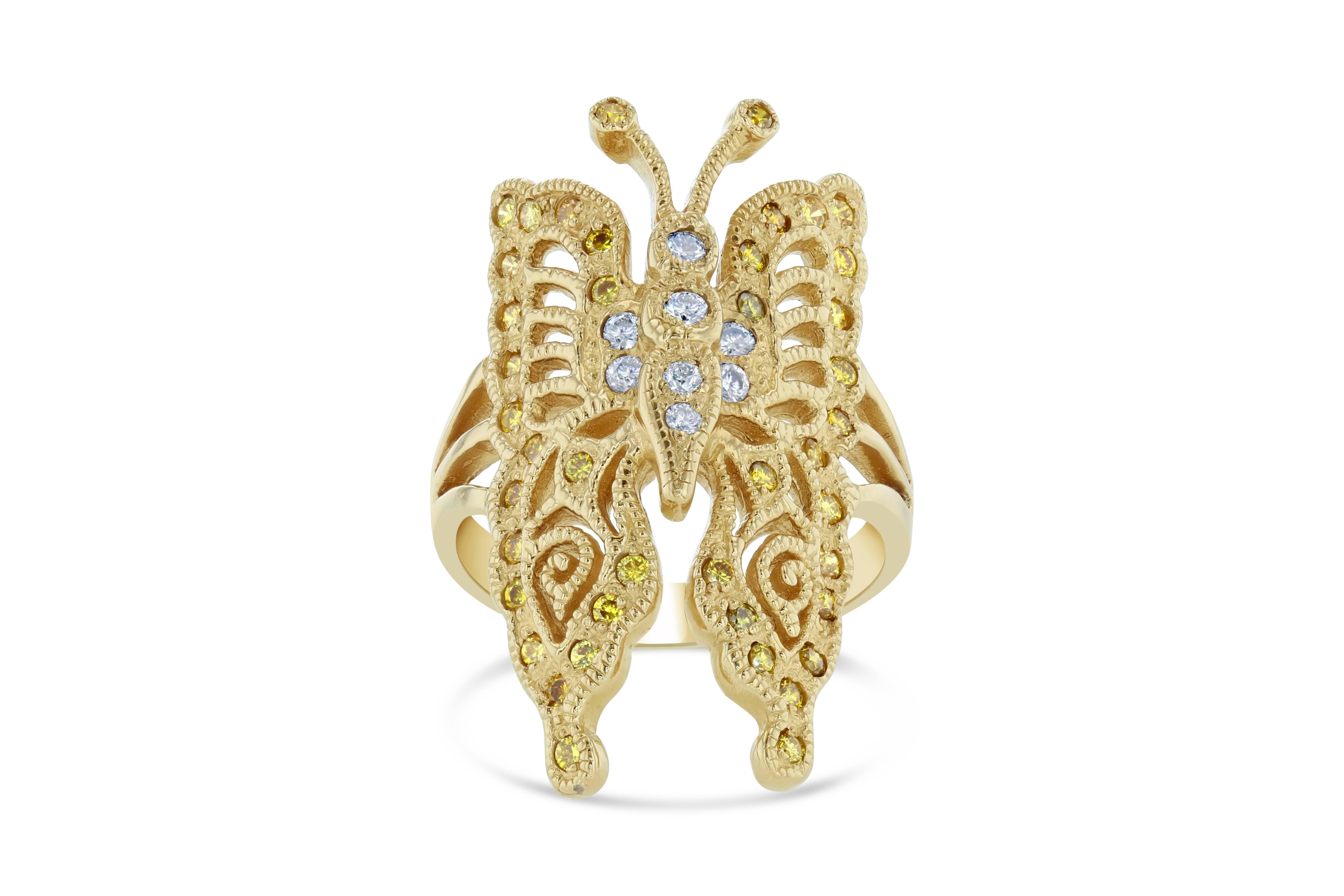 A gorgeous cocktail ring that is shaped like a butterfly that will gently sit on your finger!

The ring has 40 Yellow Diamonds weighing 0.51 Carats and 8 Round Cut Diamonds that weigh 0.18 Carats. The total carat weight of the ring is 0.69 Carats.