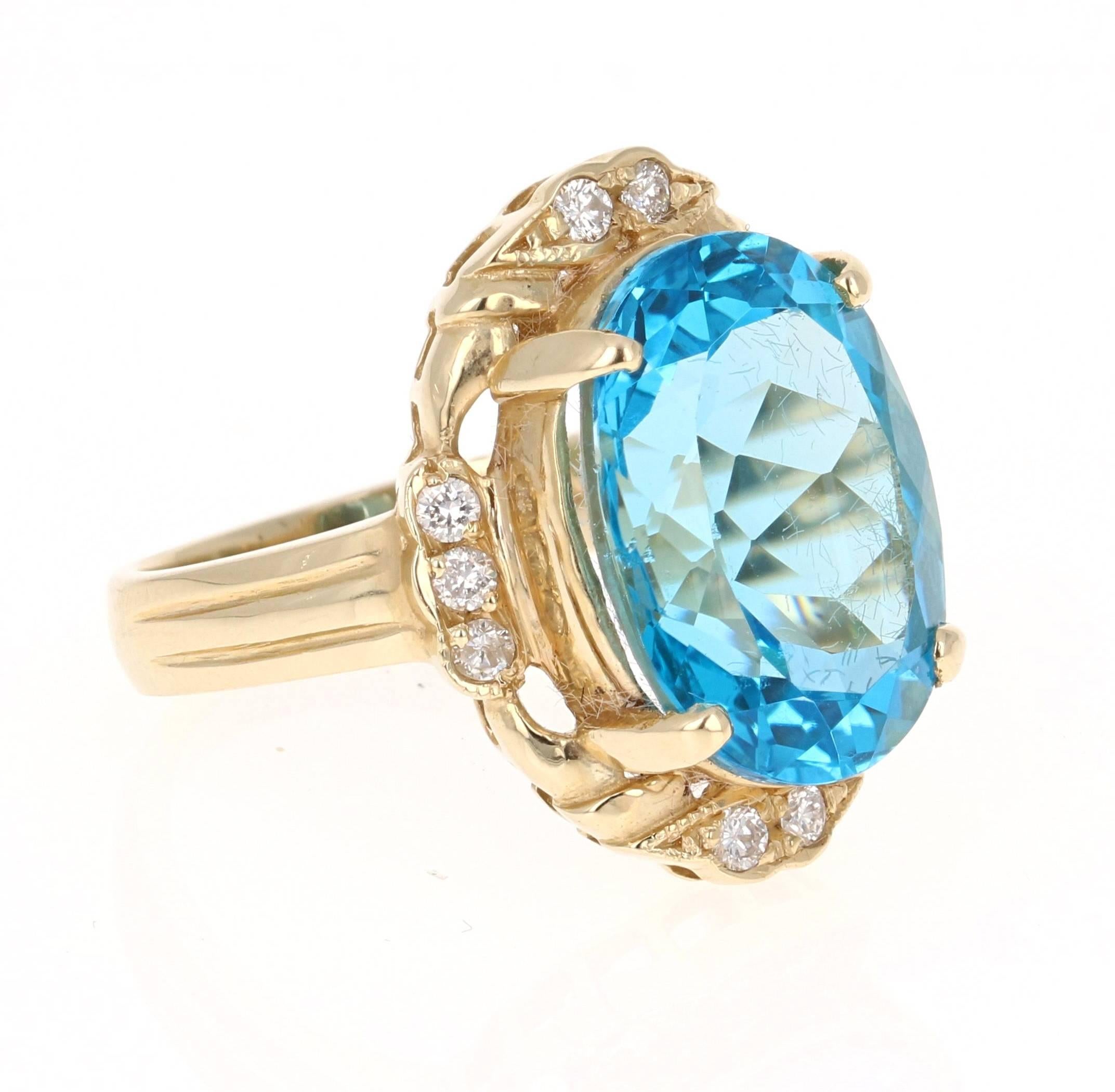 This beautiful Oval cut Blue Topaz and Diamond ring has a gorgeous 12.29 Carat Blue Topaz and its surrounded by 10 Round Cut Diamonds that weigh 0.25 Carats. The total carat weight of the ring is 12.54 Carats. The unique art-deco inspired setting is
