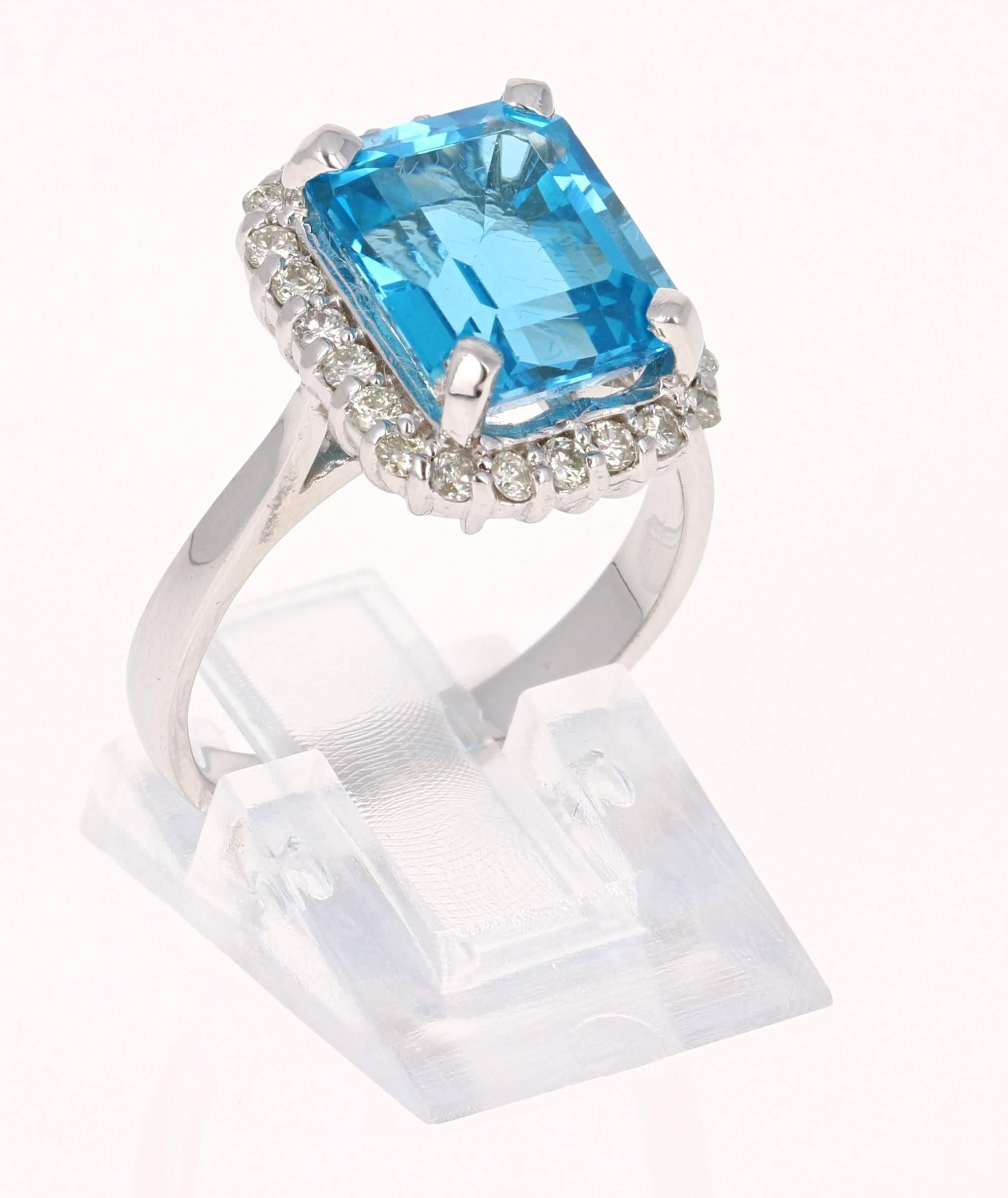 Emerald Cut 6.22 Carat White Gold Blue Topaz Diamond Ring