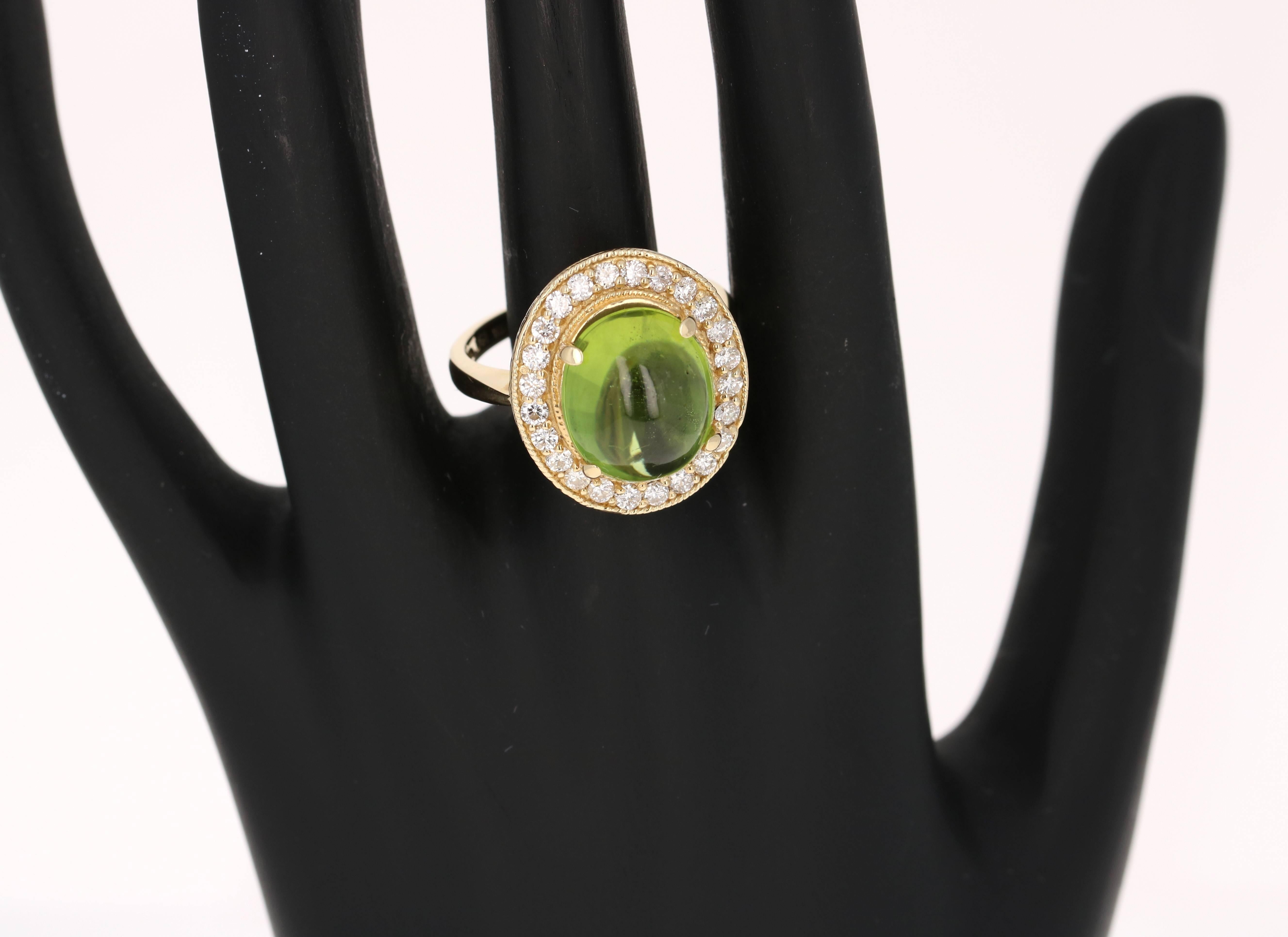 7.81 Carat Peridot Diamond Ring Cabochon Cut In New Condition In Los Angeles, CA