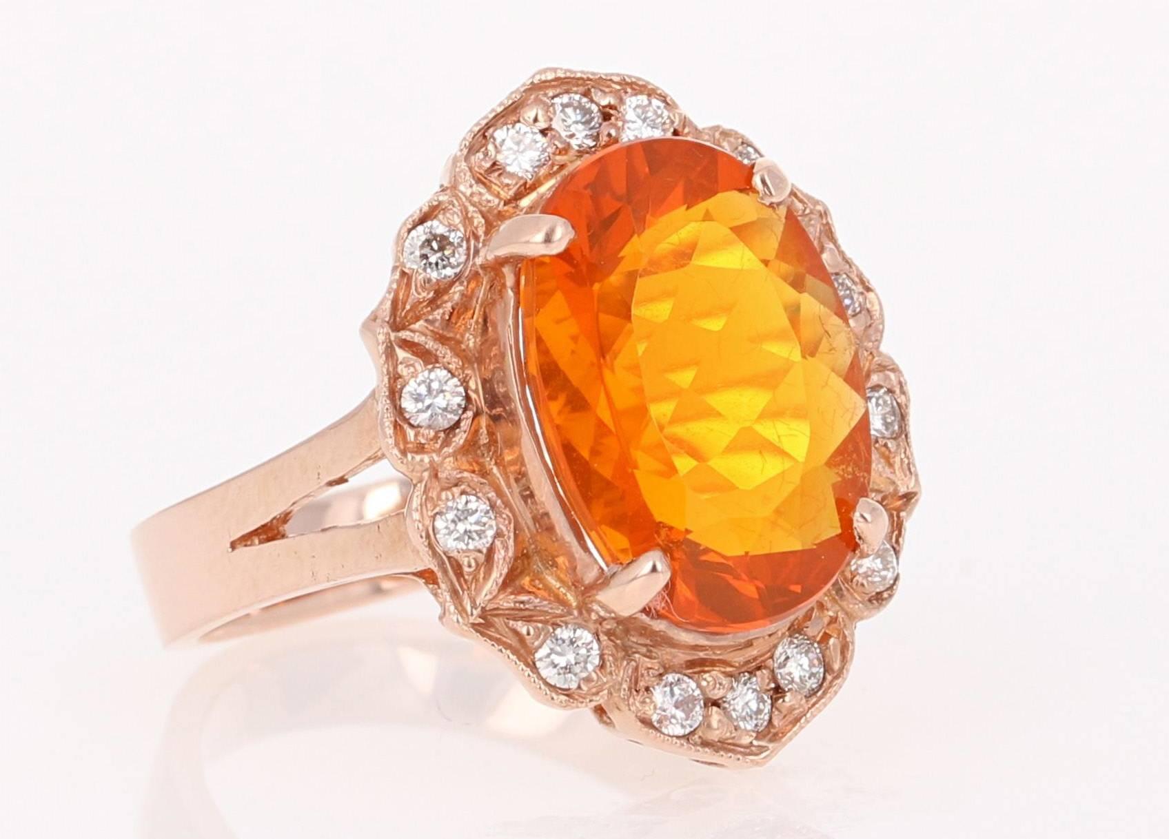Victorian 4.27 Carat Fire Opal Diamond 14K Rose Gold Ring