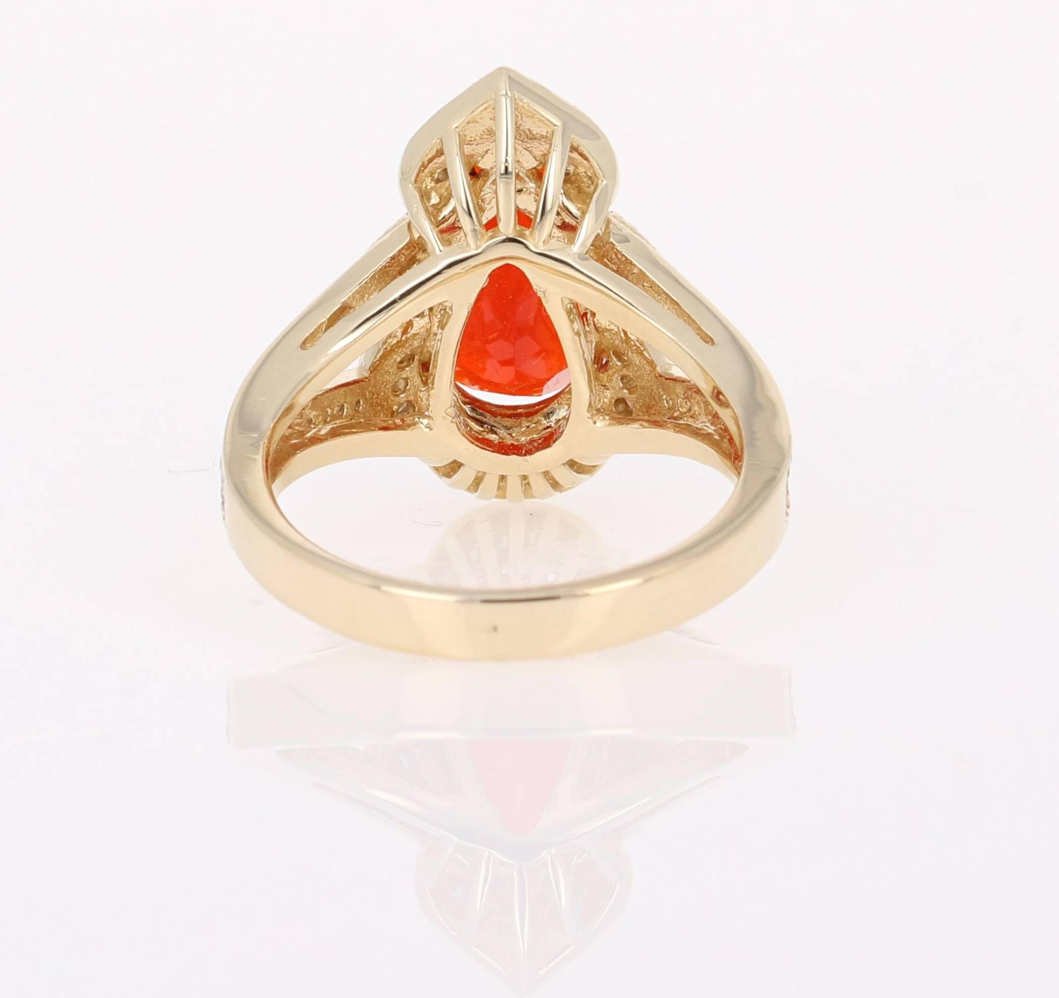 Pear Cut 3.25 Carat Fire Opal Diamond 14K Yellow Gold Ring