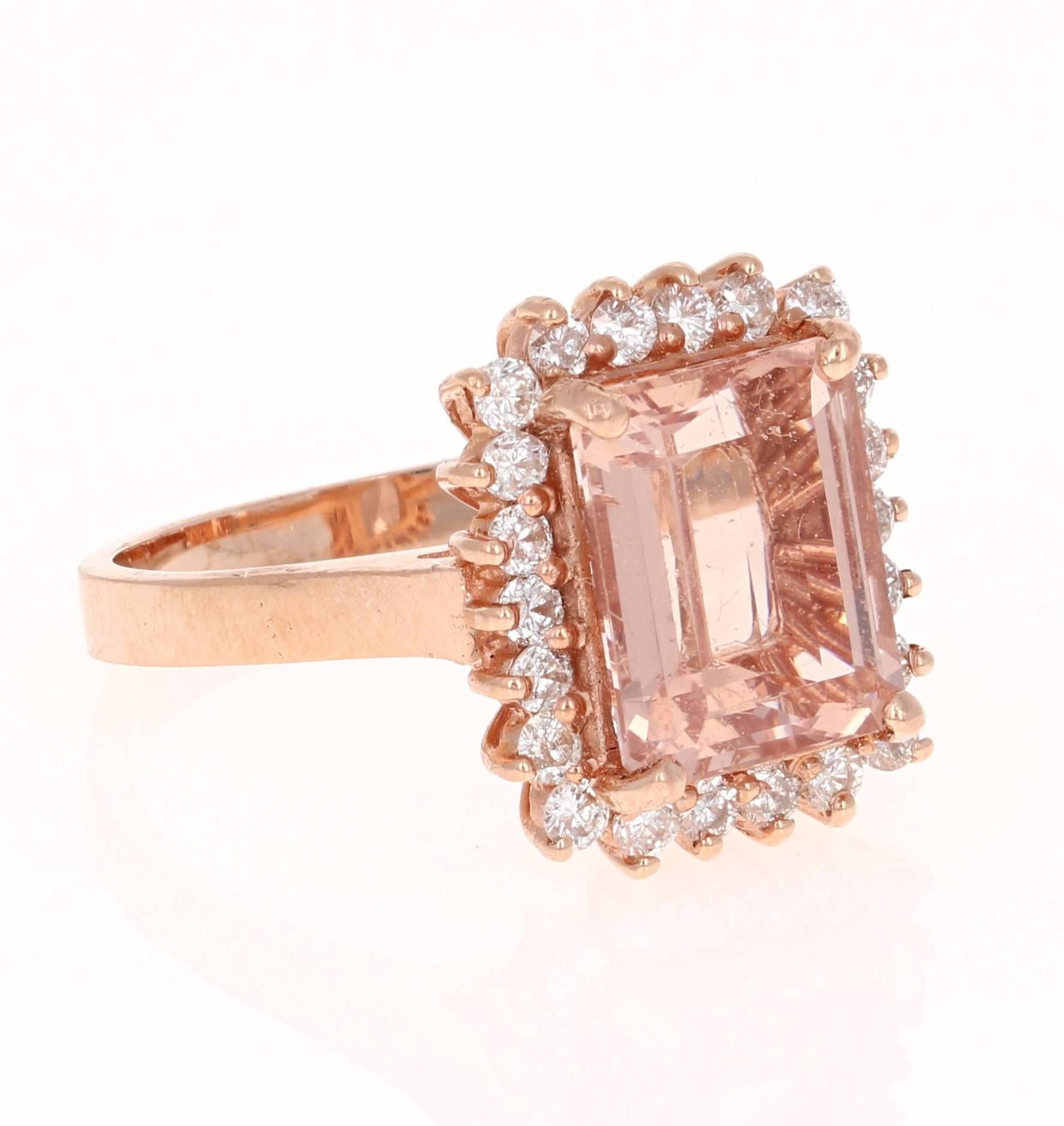 A gorgeous modern setting! This ring has a 4.53 carat Emerald Cut Morganite in the center of the ring and is surrounded by 22 Round Cut Diamonds that weigh 0.67 carats. The ring is casted in 14K Rose gold and weighs approximately 5.7 grams.. It is a