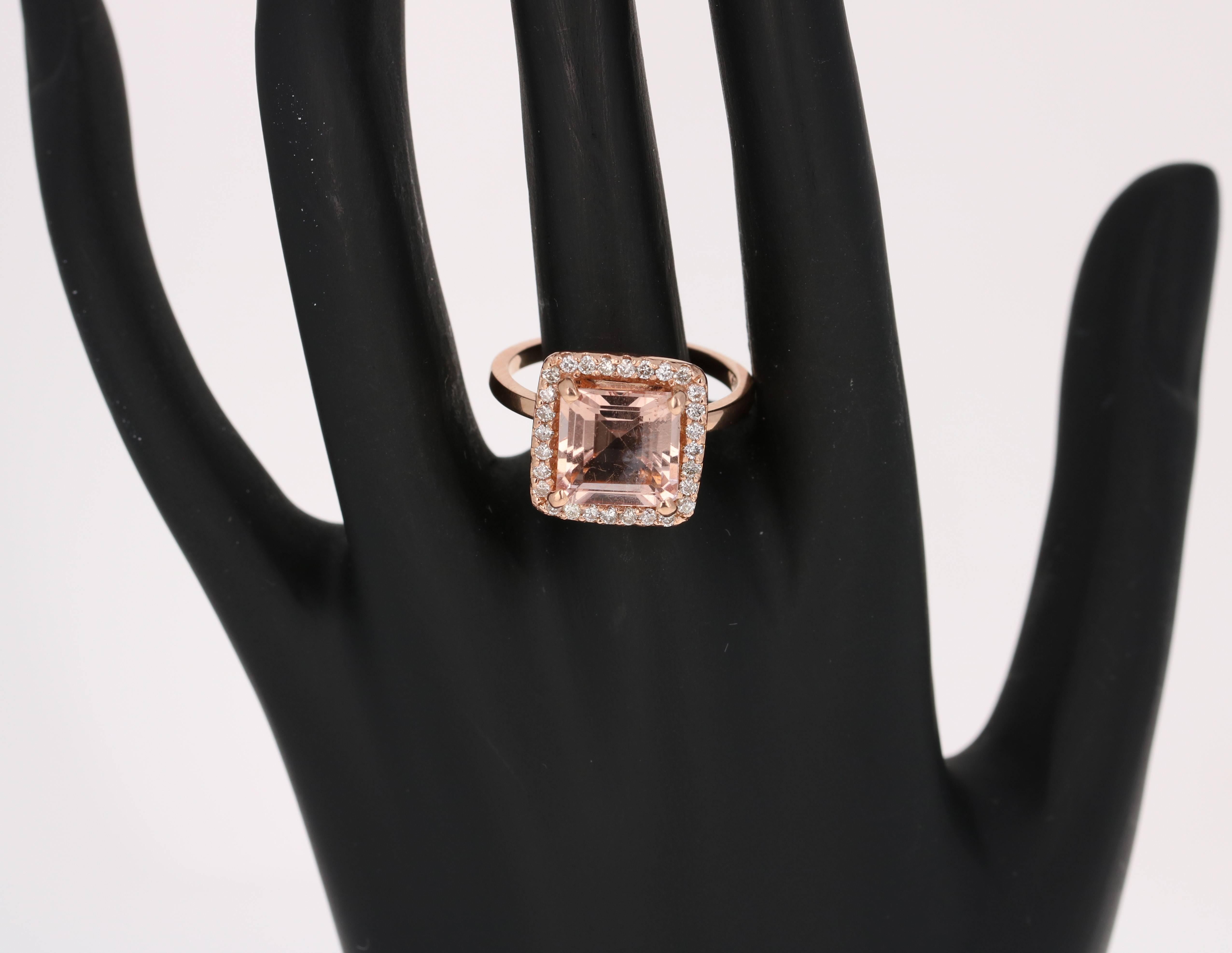Square Cut 3.96 Carat Morganite Diamond 14K Rose Gold Enagement Ring