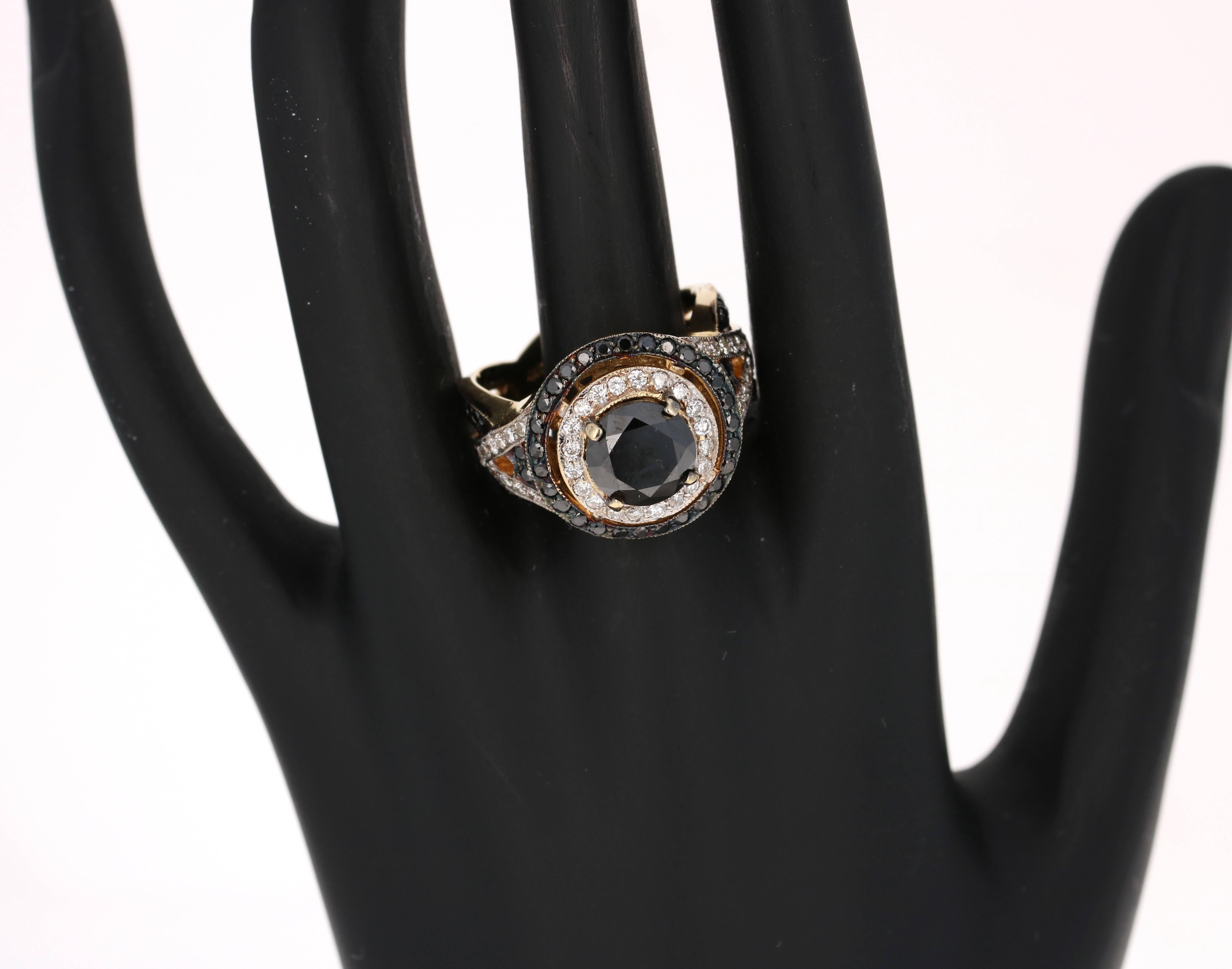 Modern 4.19 Carat Round Cut Black Diamond Yellow Gold Bridal Ring