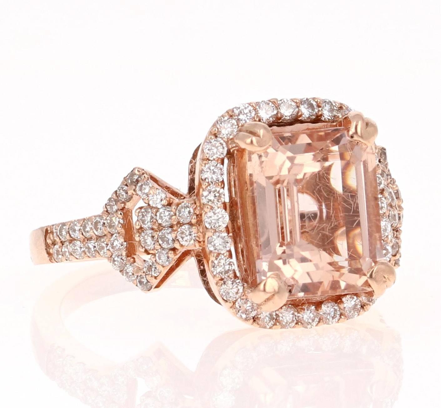 4.21 Carat Emerald Cut Morganite Diamond Rose Gold Cocktail Ring!

This beautiful Morganite Ring has a Emerald Cut 3.51 Carat Morganite as its center and is surrounded by 84 Round Cut Diamonds that weigh 0.70 Carats. The total carat weight of this