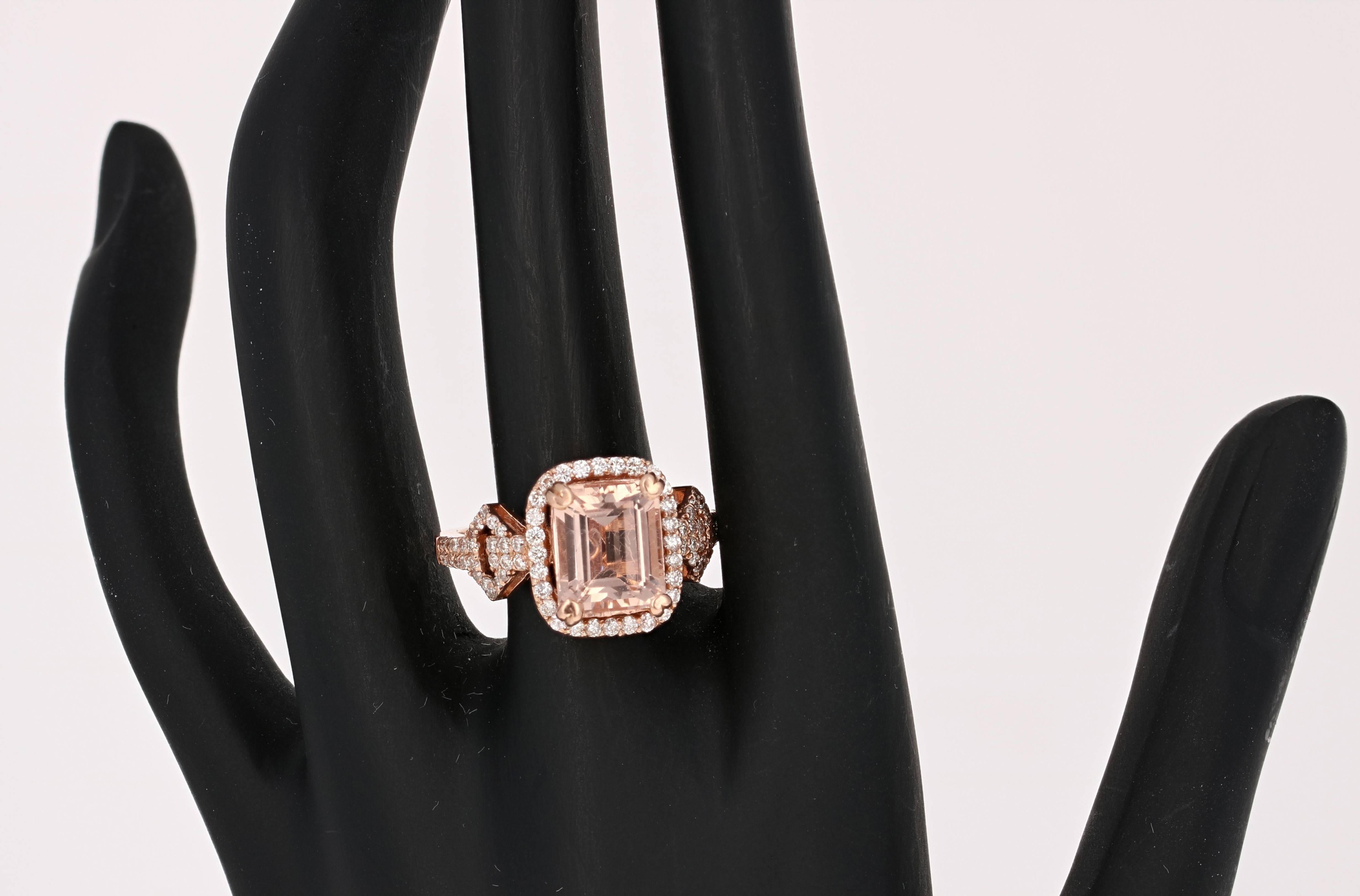 4.21 Carat Emerald Cut Morganite Diamond Rose Gold Cocktail Ring In New Condition In Los Angeles, CA