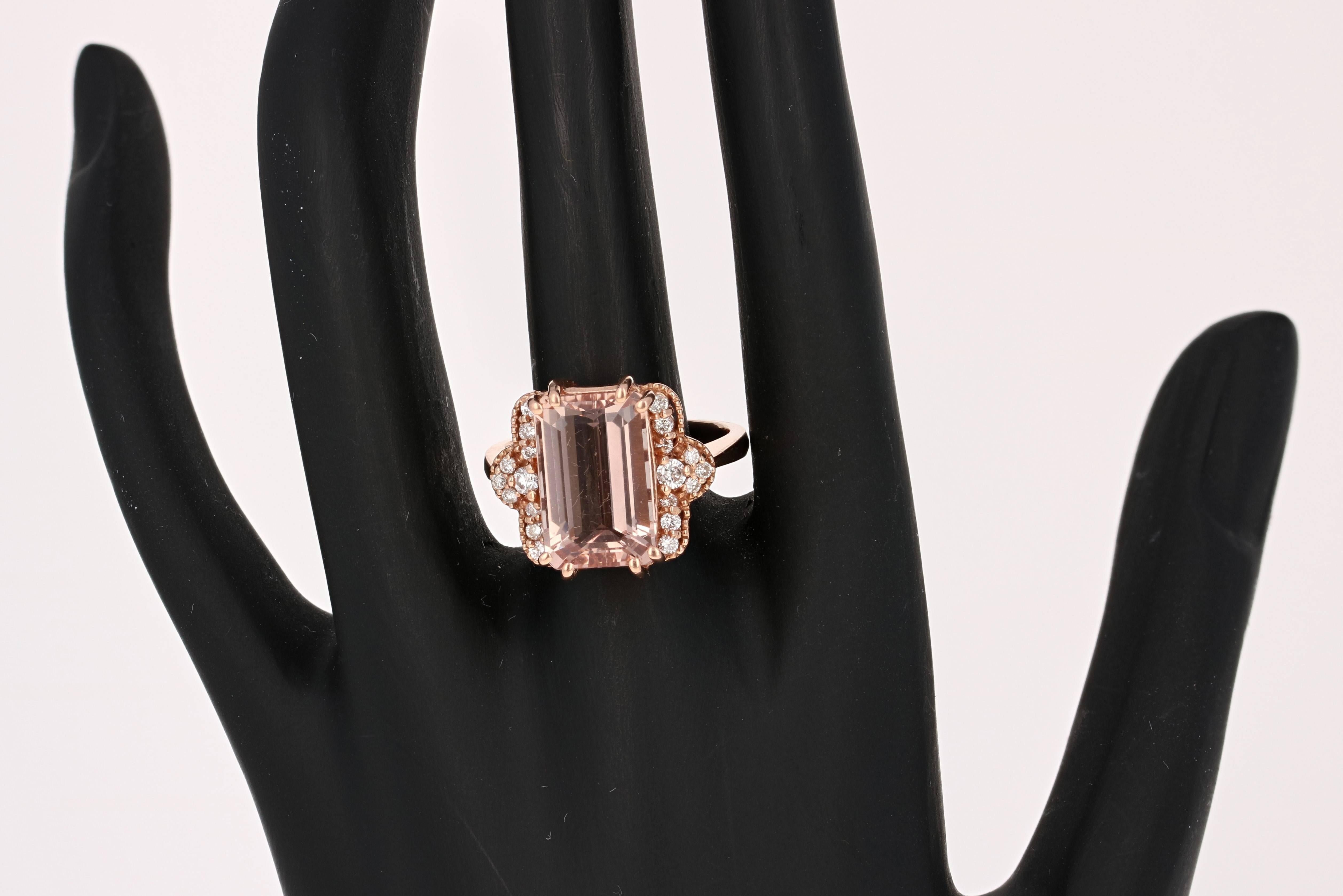 Emerald Cut 5.56 Carat Morganite Diamond Rose Gold Ring