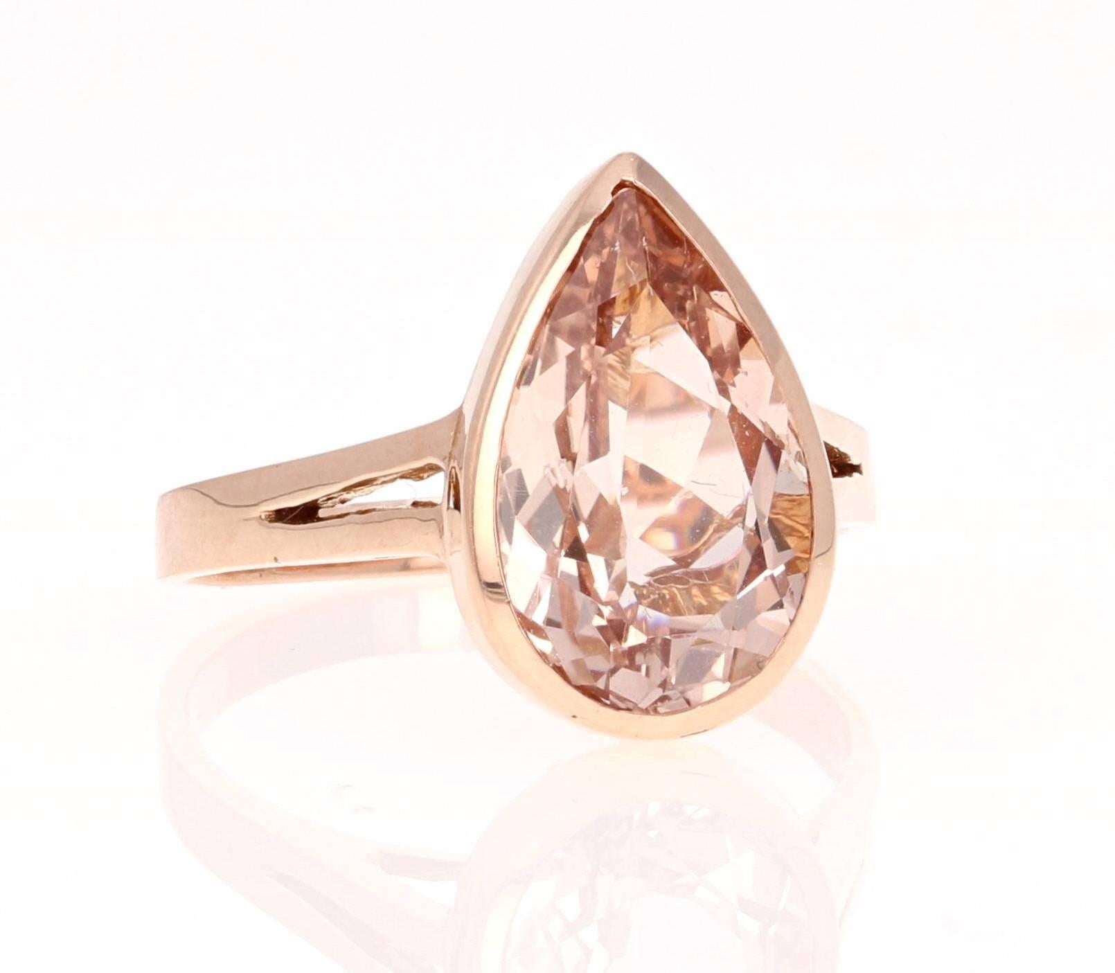 This beautiful Morganite Ring has 3.65 Carat Pear Cut Morganite and is delicately set in 14K Rose Gold.
It is a simple yet stunning ring that shows off the beautiful Morganite in a very unique way. It is a size 7 1/4 which can be re-sized if needed,
