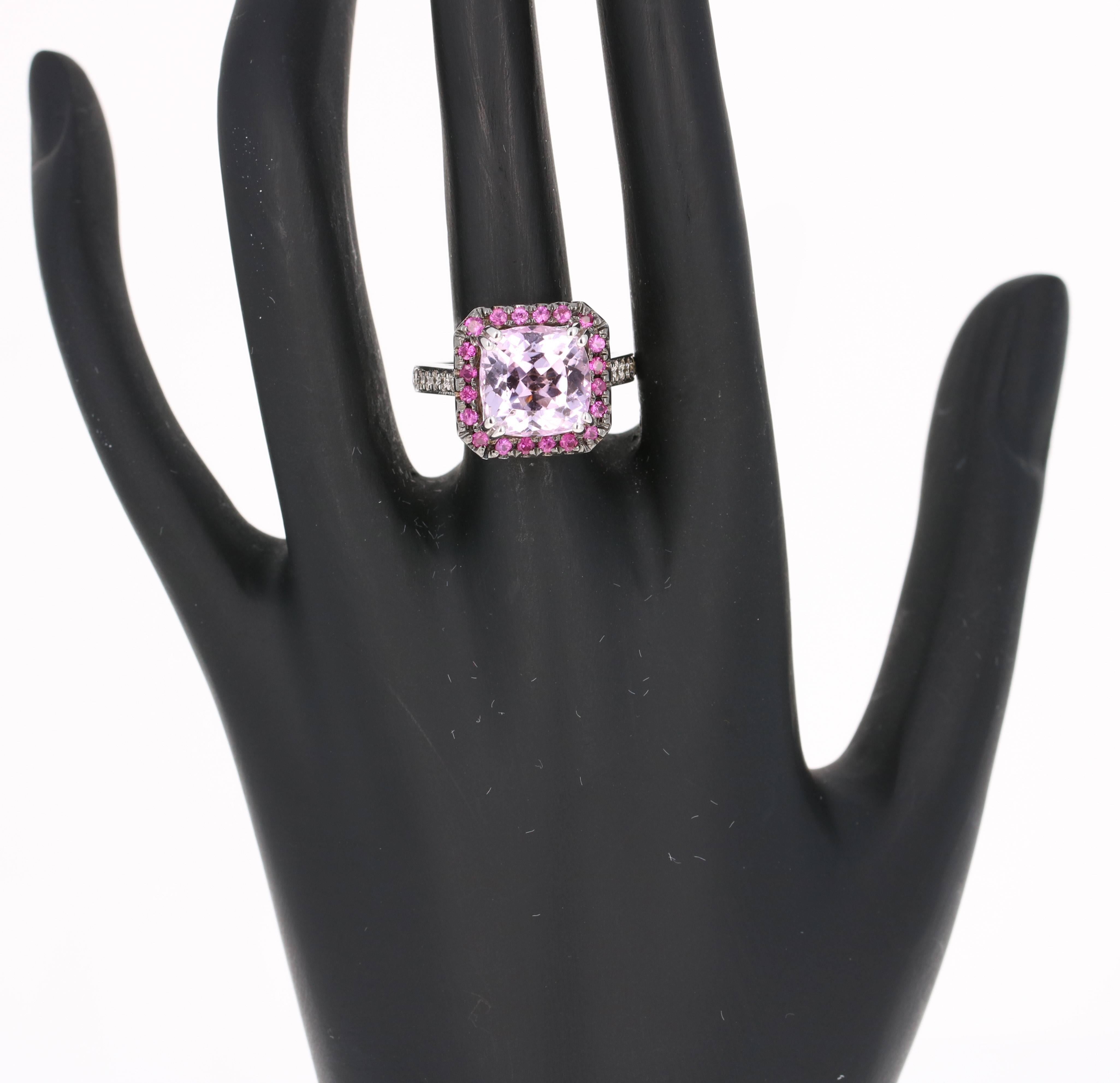 Cushion Cut Kunzite, Pink Sapphire and Diamond White Gold Ring