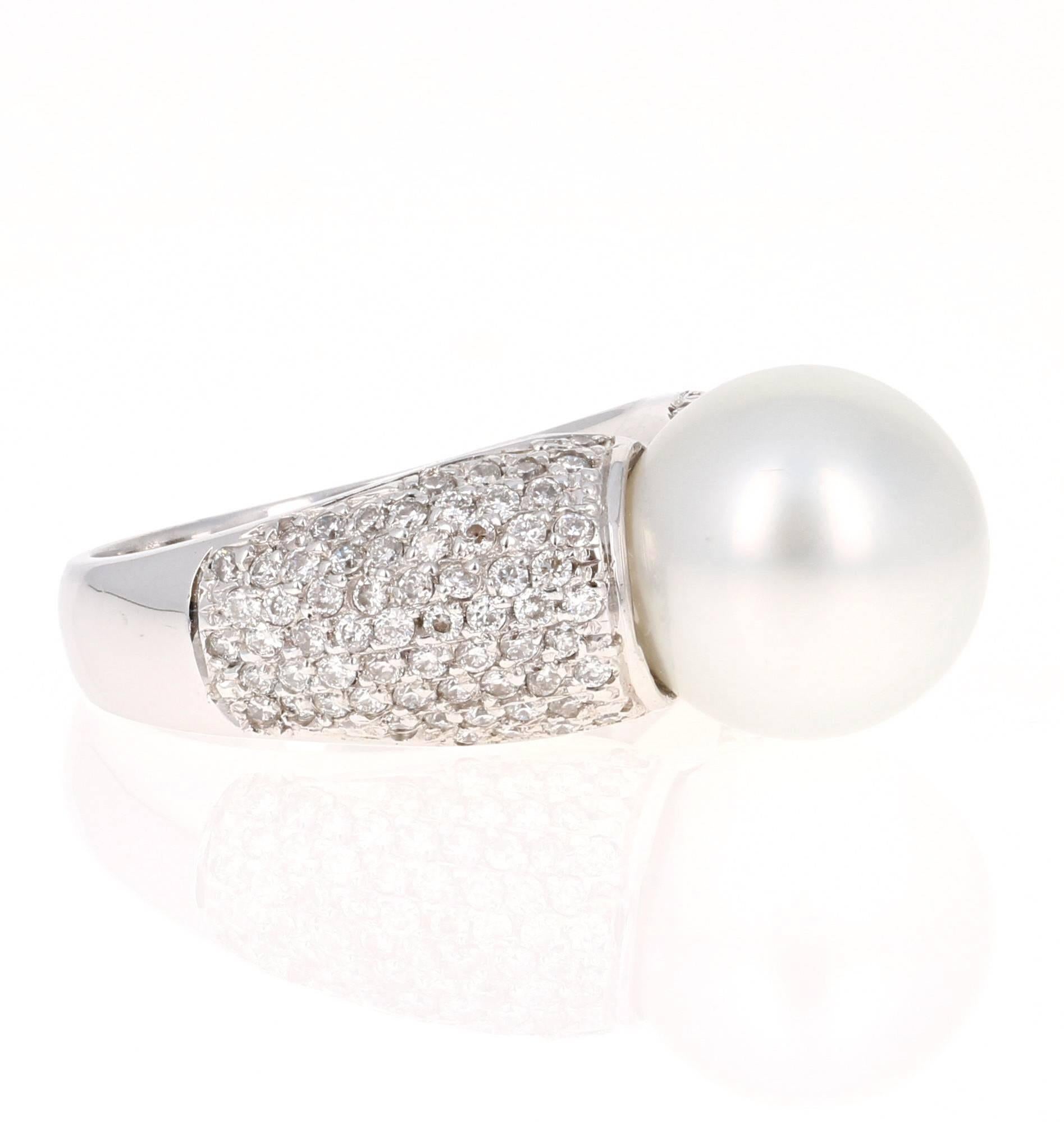 This dome like South Sea Pearl Ring is a remarkable beauty...0.90 Carat South Sea Pearl Diamond White Gold Cocktail Ring

The lustrous White South Sea Pearl is 10 mm with 135 Round Cut Diamonds that weigh 0.90 Carats. It is delicately crafted in 14K