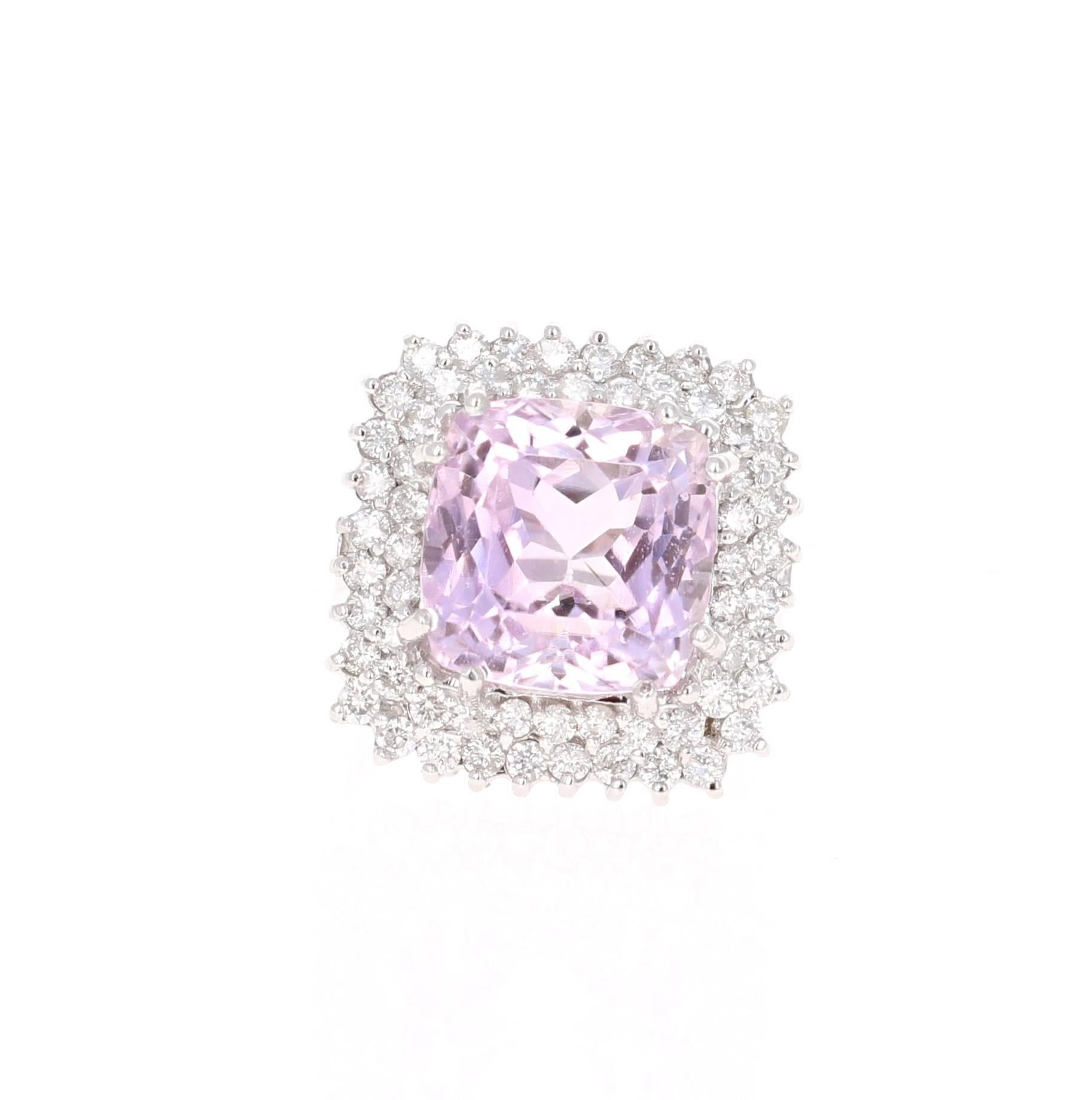 This stunning show stopper has a huge 14.17 carat Kunzite that is set in the center of the ring, it is surrounded by 2 rows of 60 Round Cut Diamonds that weigh 1.45 carats (Clarity: SI2, Color: F). The total carat weight of the ring is 15.62 carats.