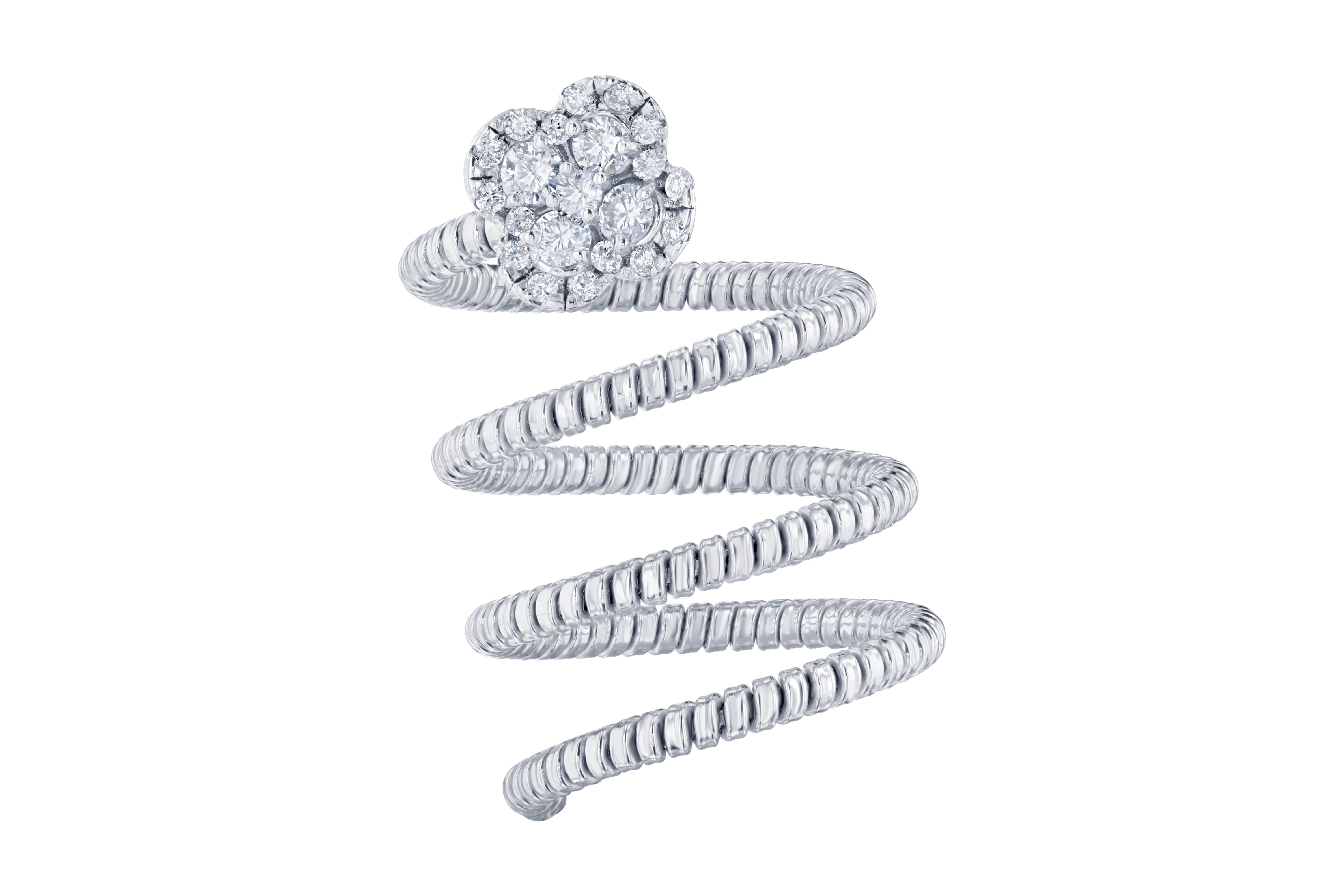 A very unique and glamorous setting!  This is a one size fits all wrap around cocktail ring that has 21 Round Cut Diamonds that weigh 0.57 carat.  The ring is made in 14K White Gold and weighs approximately 5.3 grams.  The length of this ring from
