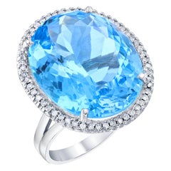 33.85 Carat Blue Topaz Diamond Cocktail White Gold Ring