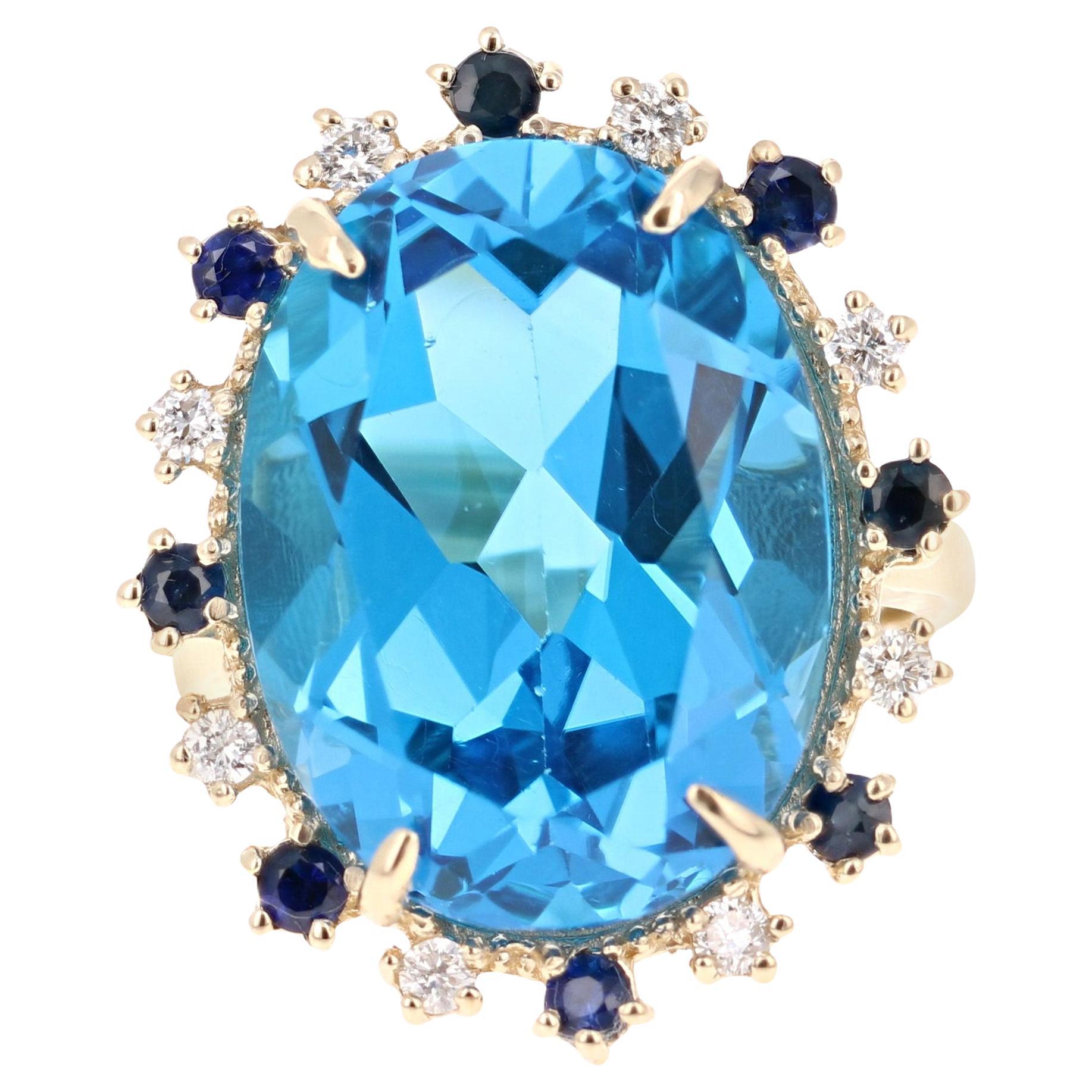 21.50 Carat Blue Topaz Diamond Yellow Gold Cocktail Ring For Sale