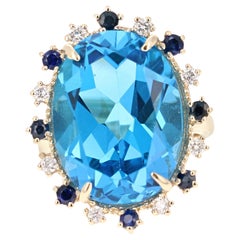 21.50 Karat Blauer Topas Diamant Gelbgold Cocktail-Ring