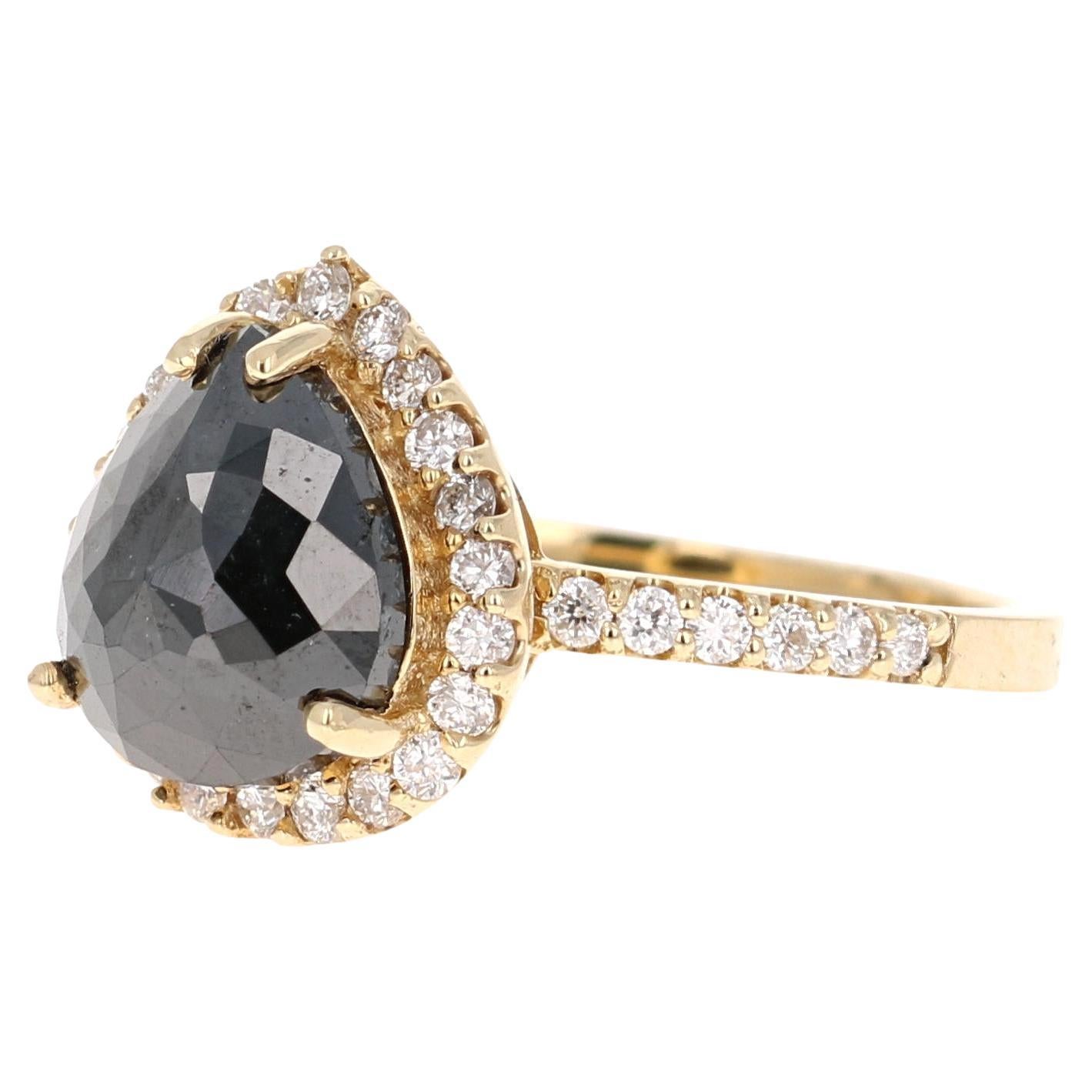 3.40 Carat Pear Cut Black Diamond Yellow Gold Engagement Ring