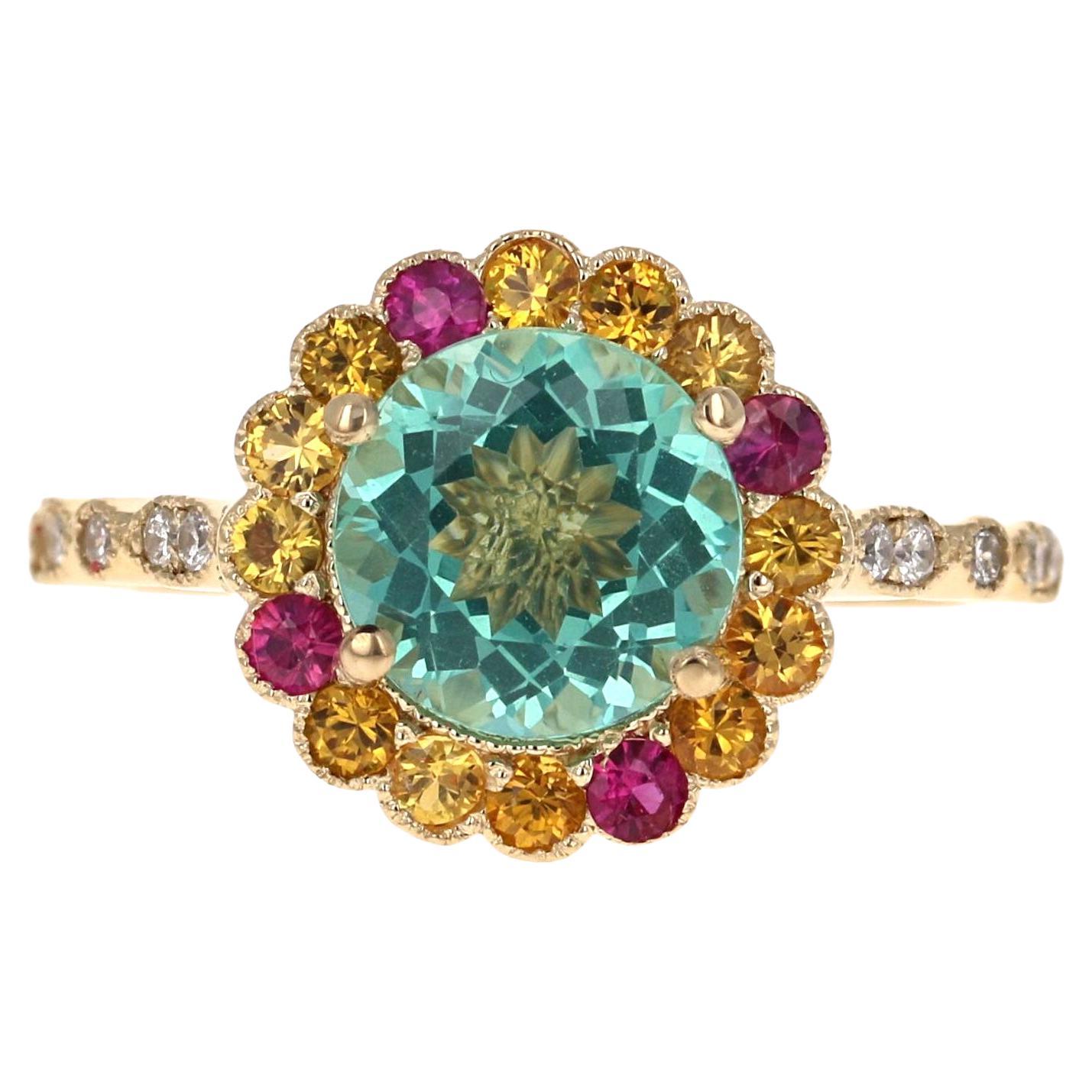  Apatite Sapphire Diamond Yellow Gold Ring For Sale