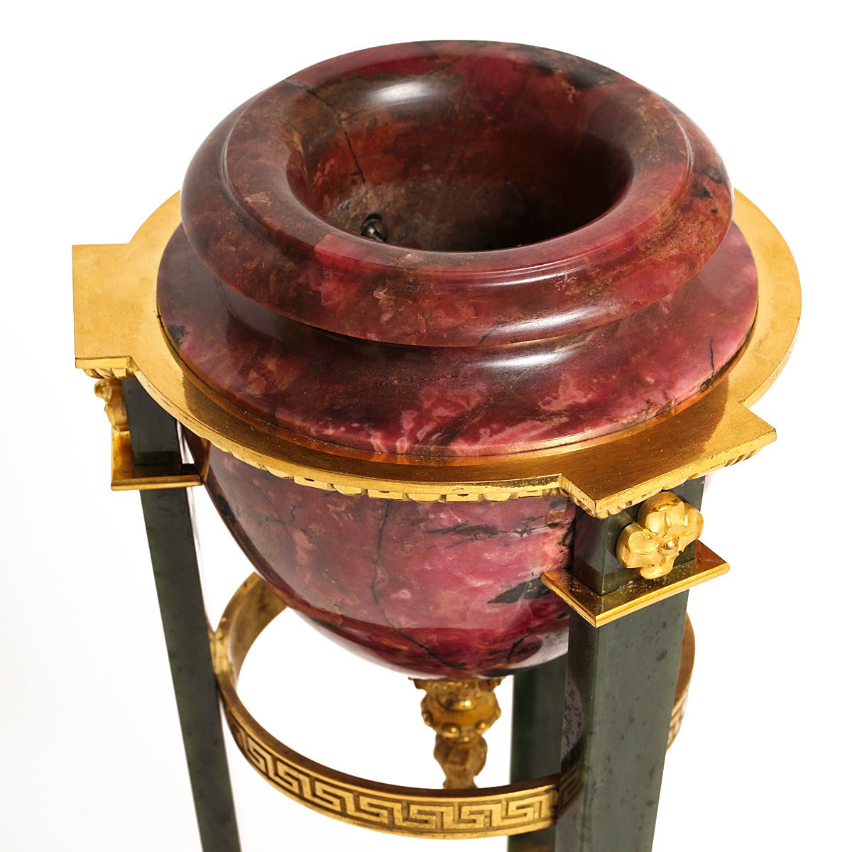 Brûle-parfum mounted in gilded bronze, the circular rhodonite top and base joined by tapering rectangular nephrite legs. After a design by I.I. Galberg (1779-1863), a Swedish architect and designer, architect from 1817 to the Cabinet of his