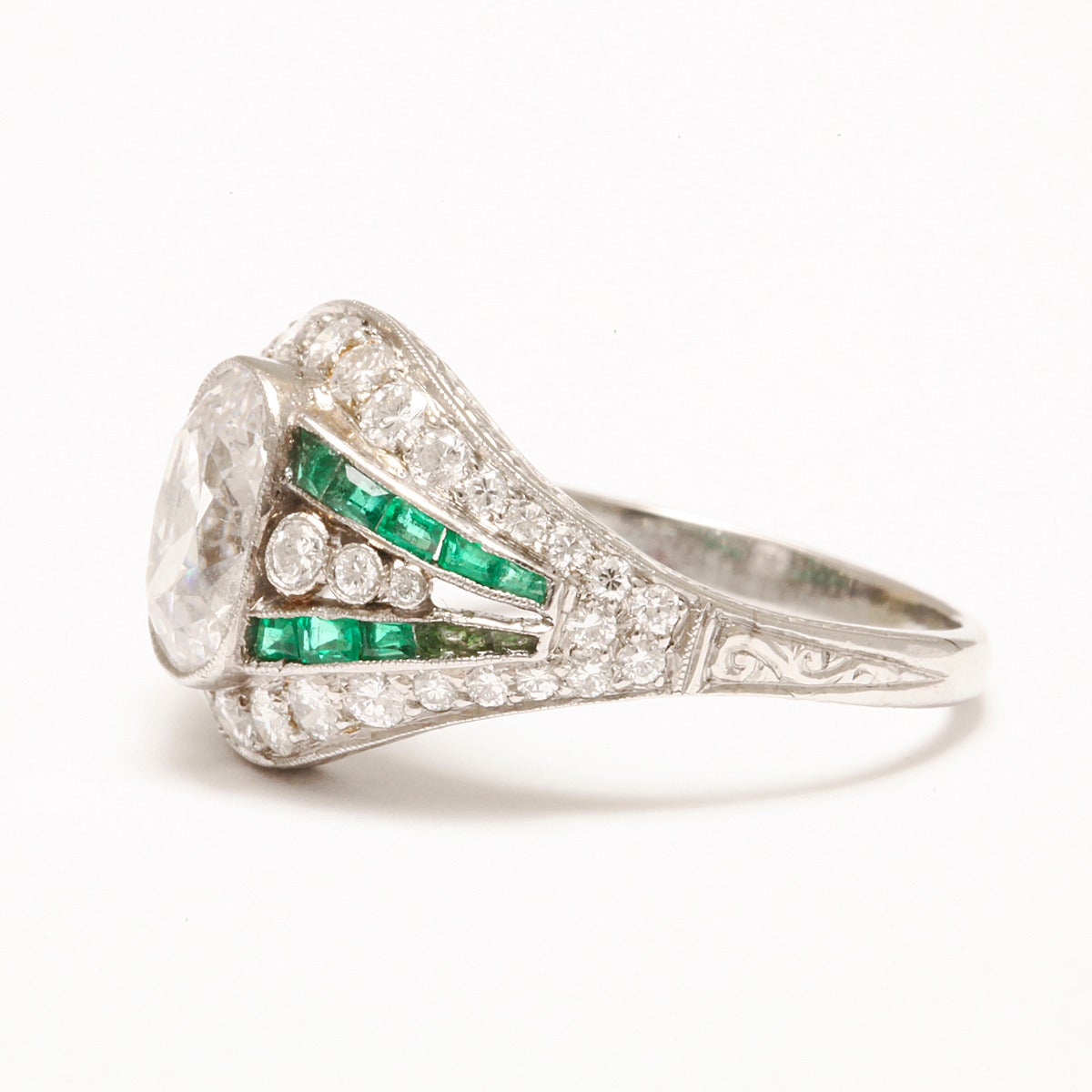 Women's Edwardian Diamond Calibre Emerald Ring For Sale