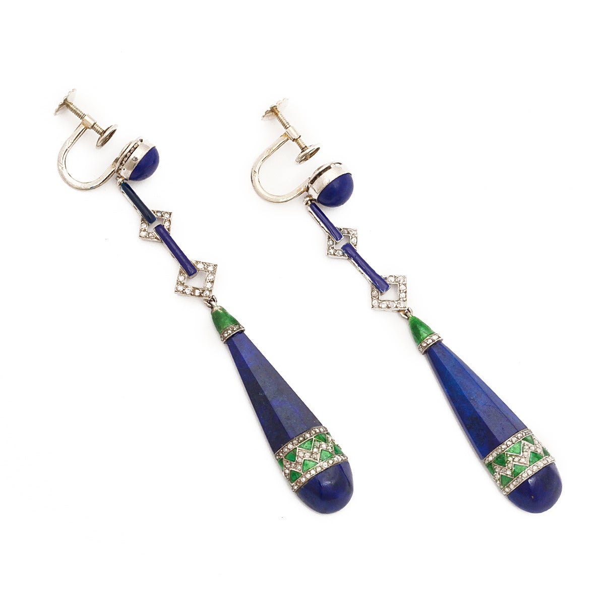 Pair of Art Deco lapis lazuli drop earrings set in platinum, with diamonds and brilliant green guilloché enamel.

French, circa 1925