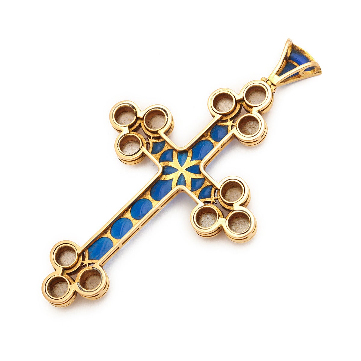 Renaissance Revival Plique-à-Jour Enamel Moonstone Gold Cross Pendant In Excellent Condition For Sale In New York, NY