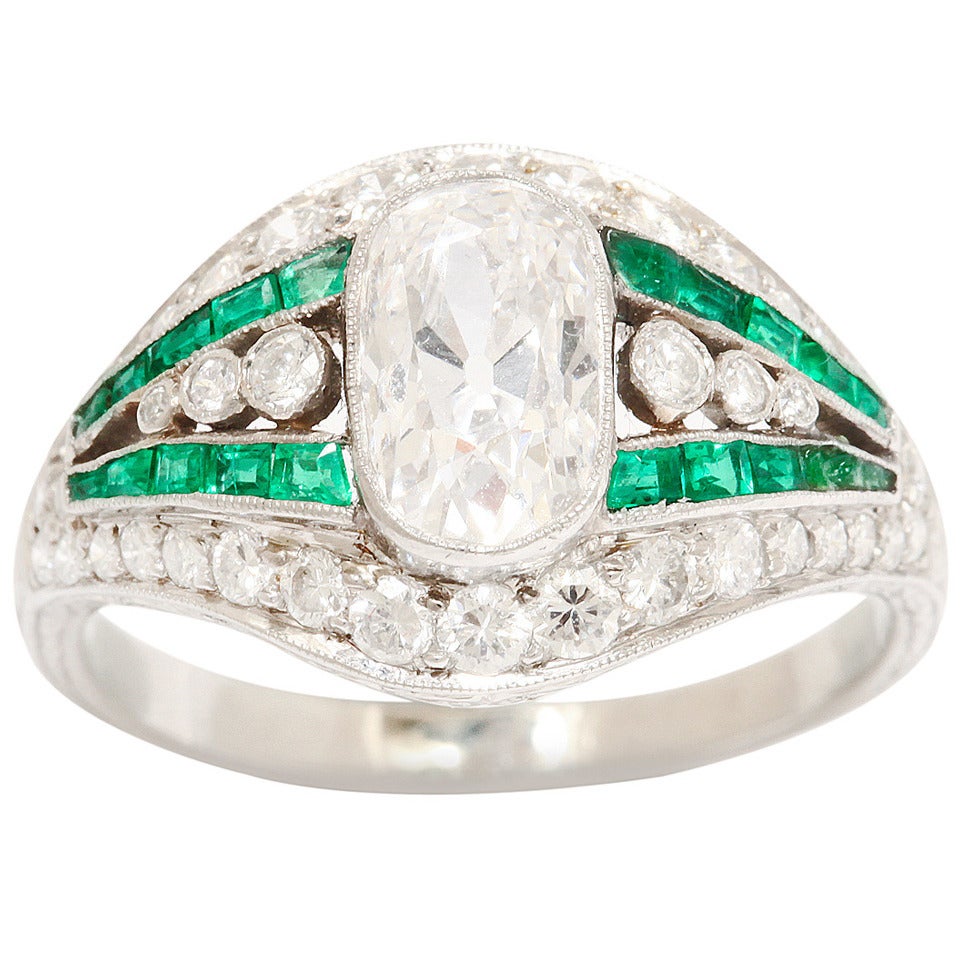 Edwardian Diamond Calibre Emerald Ring For Sale