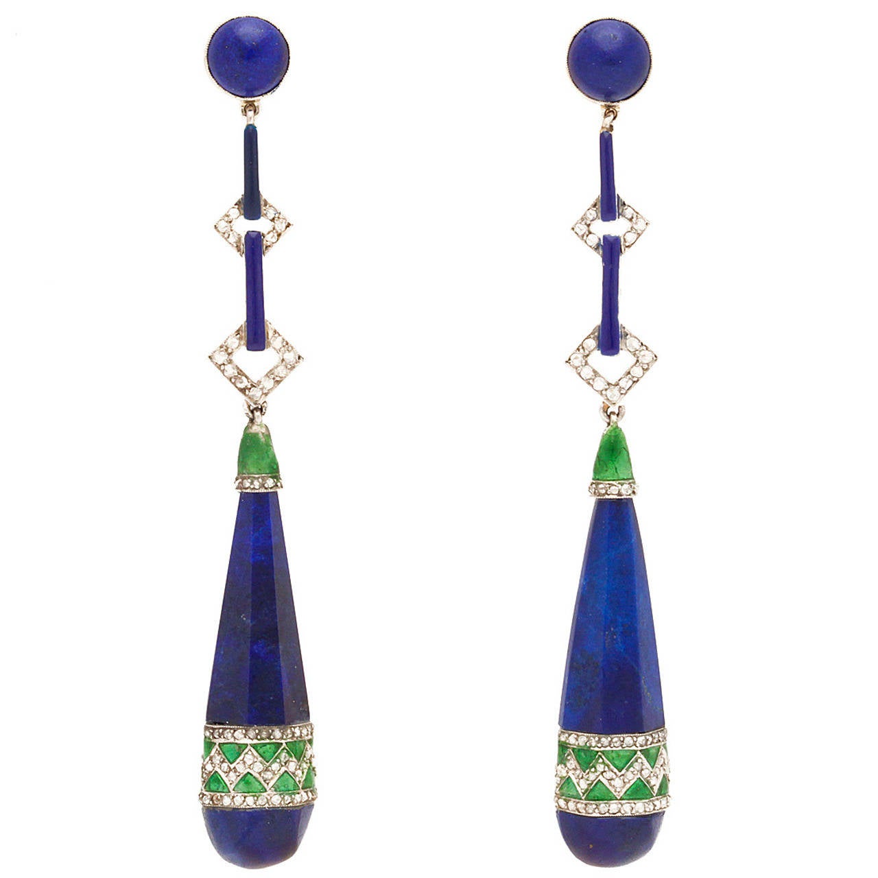Art Deco Enamel Lapis Diamond Platinum Earrings