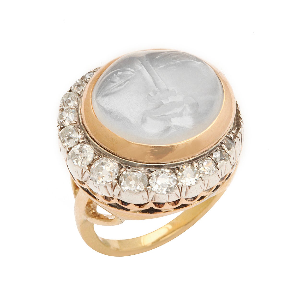 Victorian Carved Moonstone and Diamond Man in the Moon Ring In Excellent Condition In New York, NY