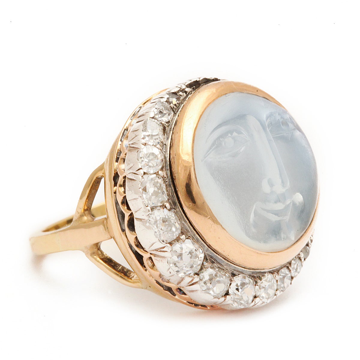 Women's Victorian Carved Moonstone and Diamond Man in the Moon Ring