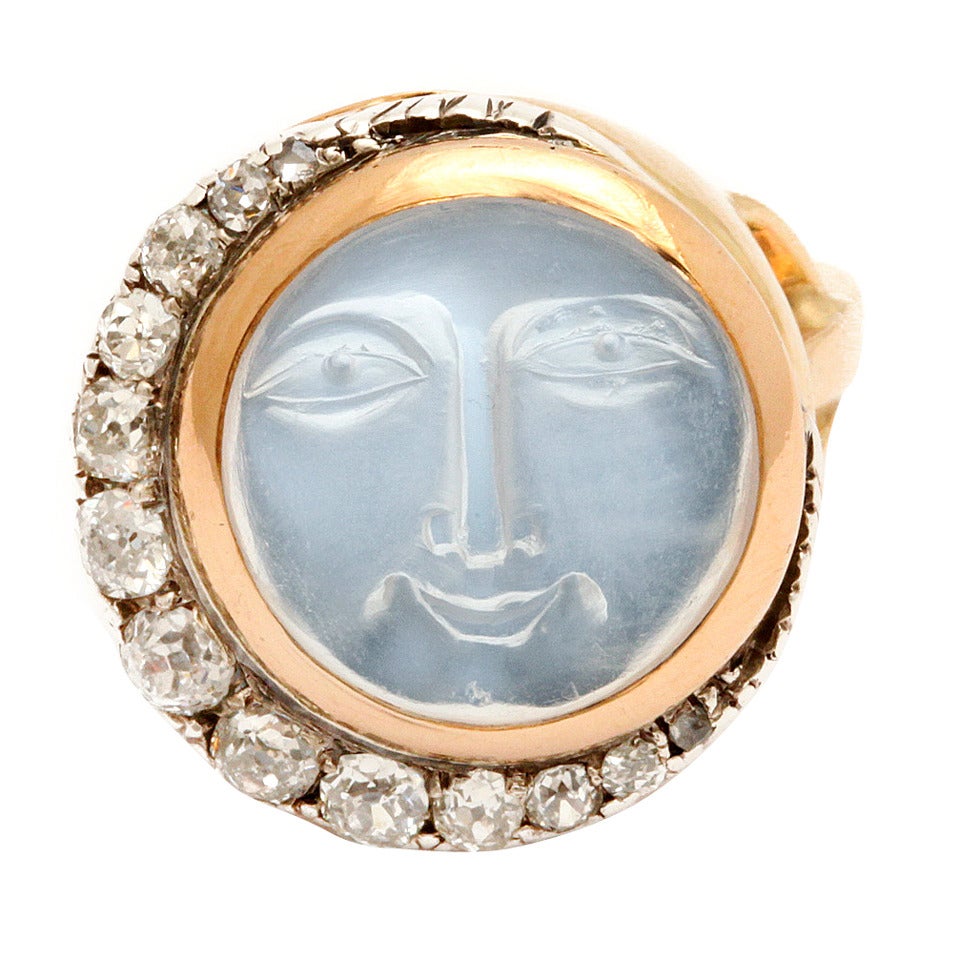 Victorian Carved Moonstone and Diamond Man in the Moon Ring