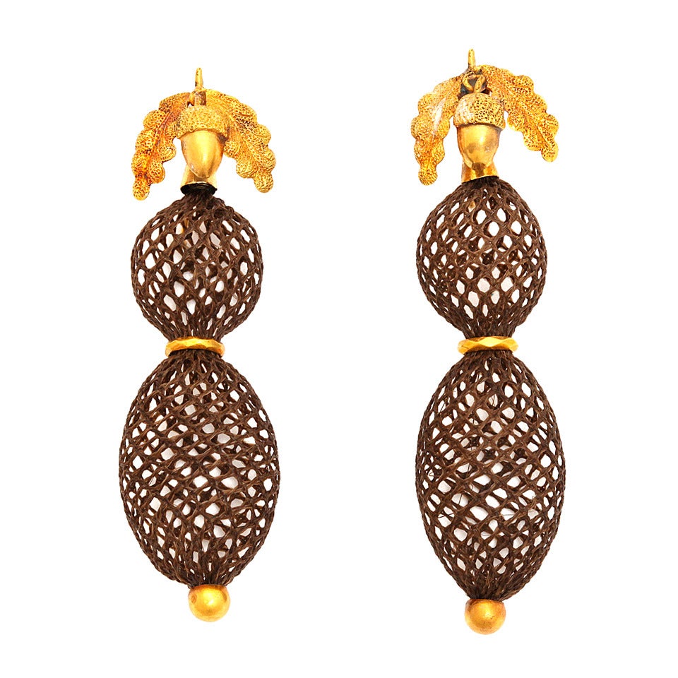 Victorian Gold and Woven Hair Pendant Earrings For Sale